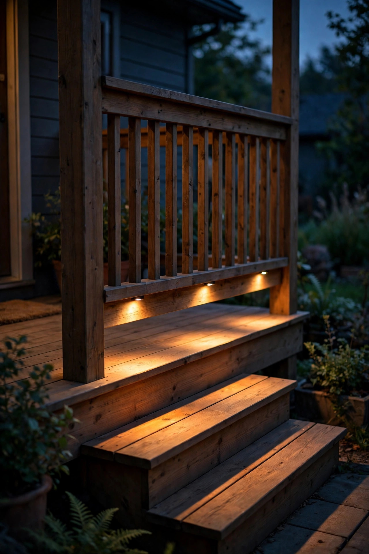 Small downlights under a porch railing washing the floorboards near the steps