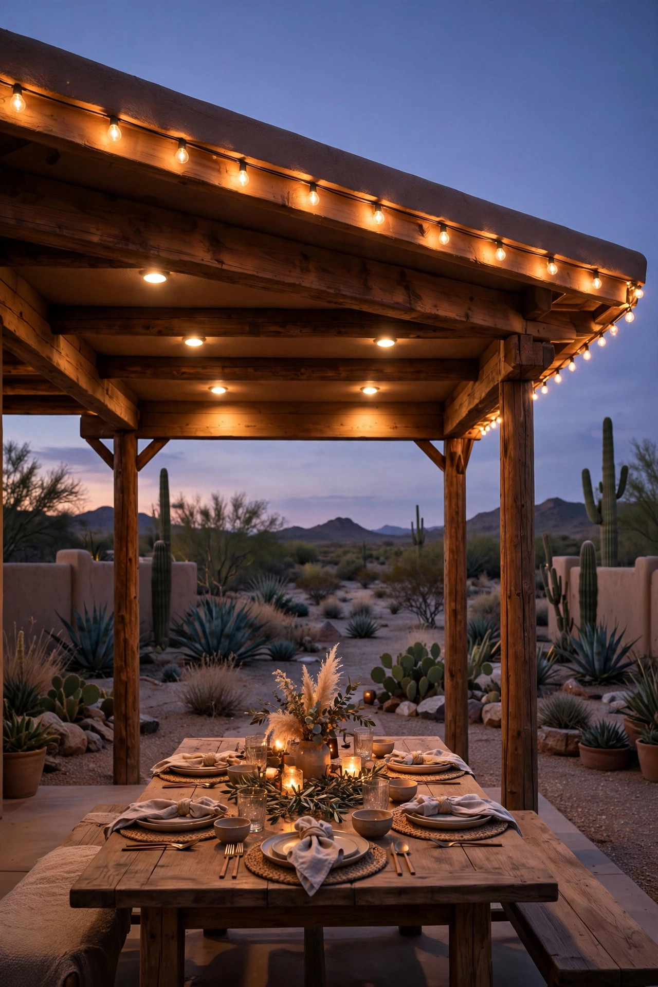 Ramada patio with warm downlights over a dining table and string lights tracing the roof edge in a desert backyard