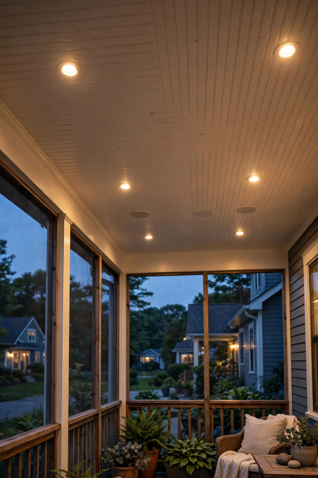 Slim dimmable recessed LED downlights glowing softly in a screened porch ceiling