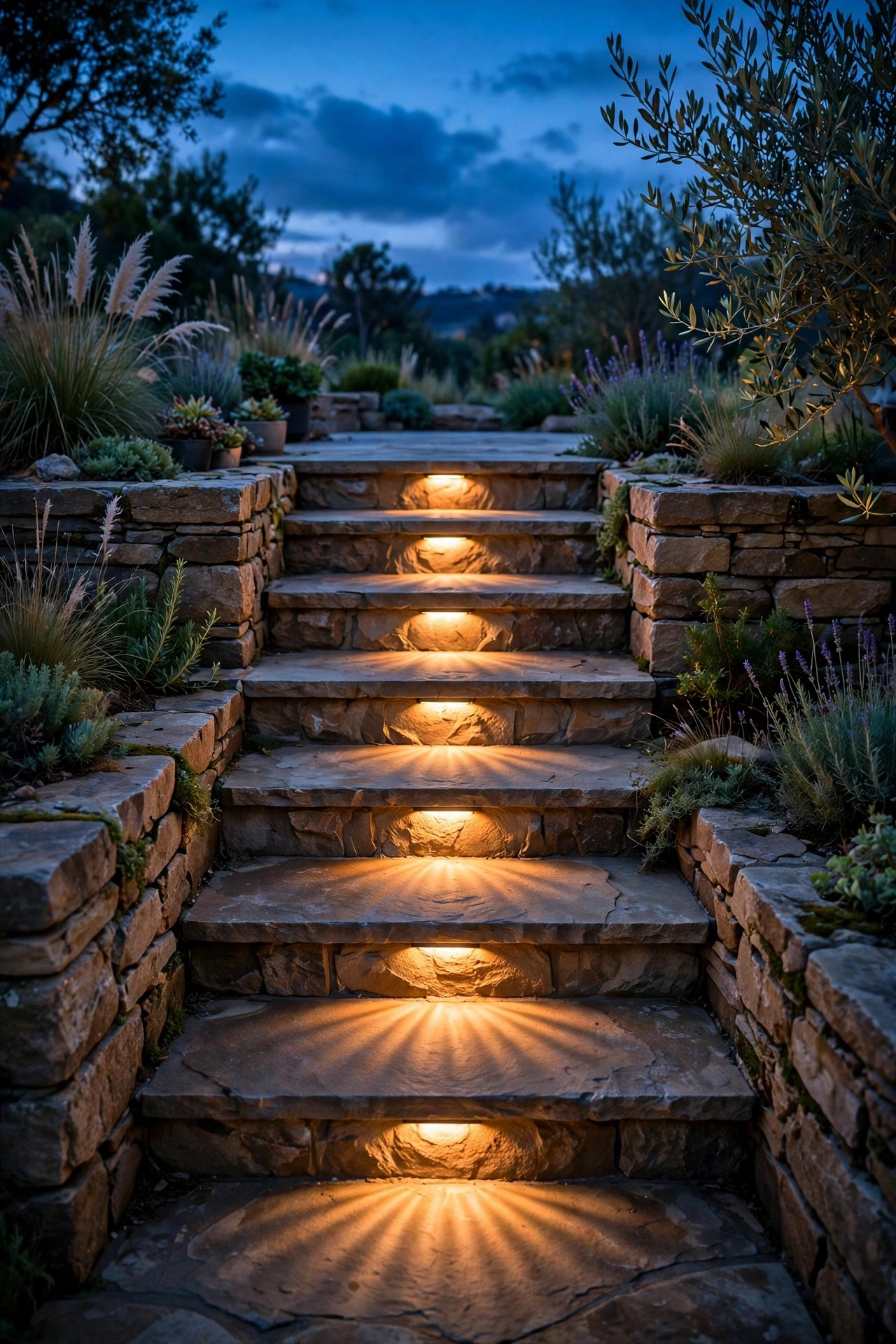 Recessed step lights built into stone patio steps at dusk, washing each tread with a soft fan of warm light