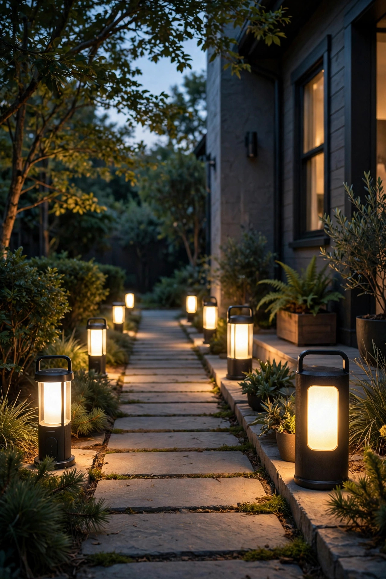 Modern rechargeable portable lanterns glowing brightly along a shaded walkway at dusk
