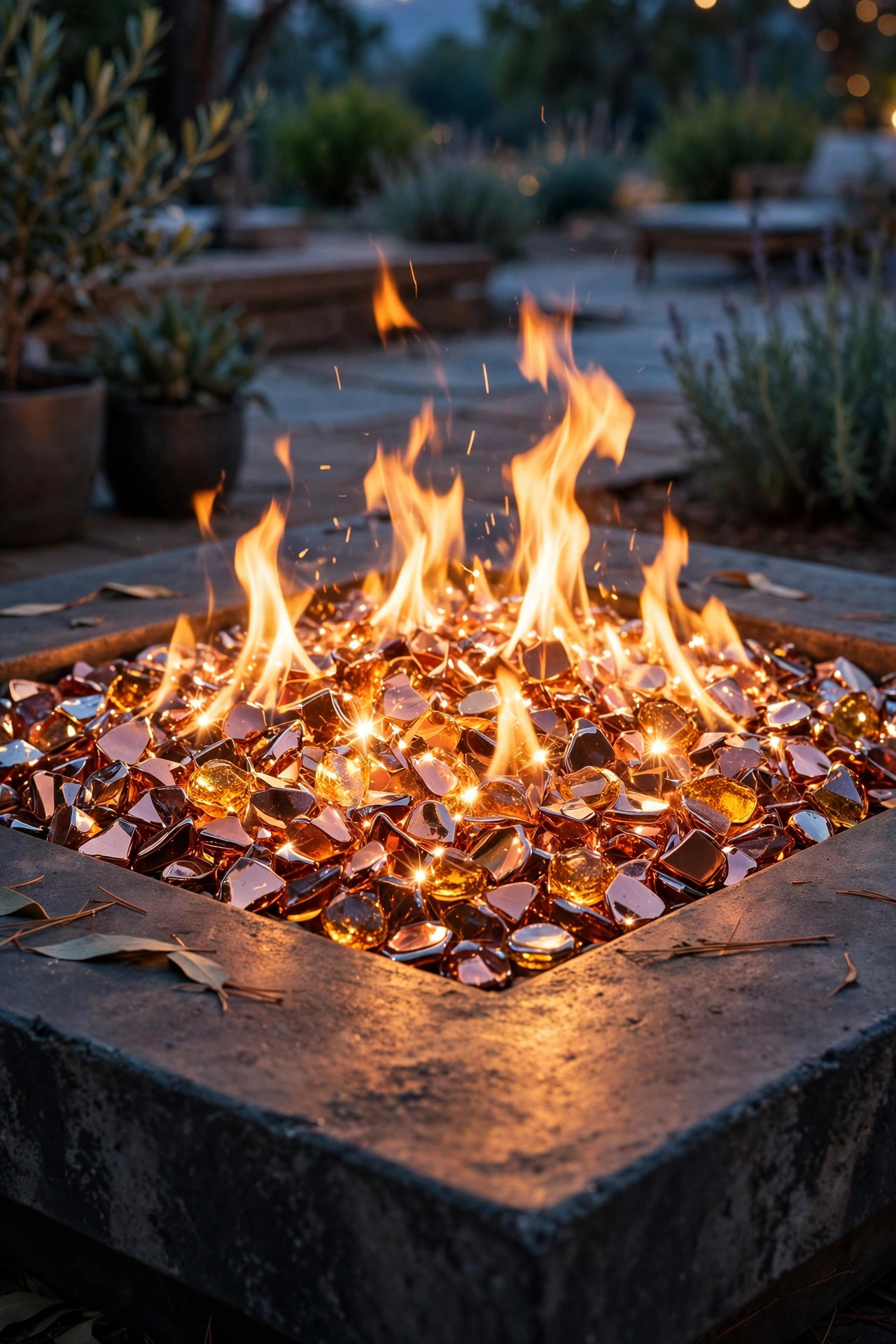 Reflective copper and amber fire glass sparkling in a fire table burner, throwing warm light across the tabletop