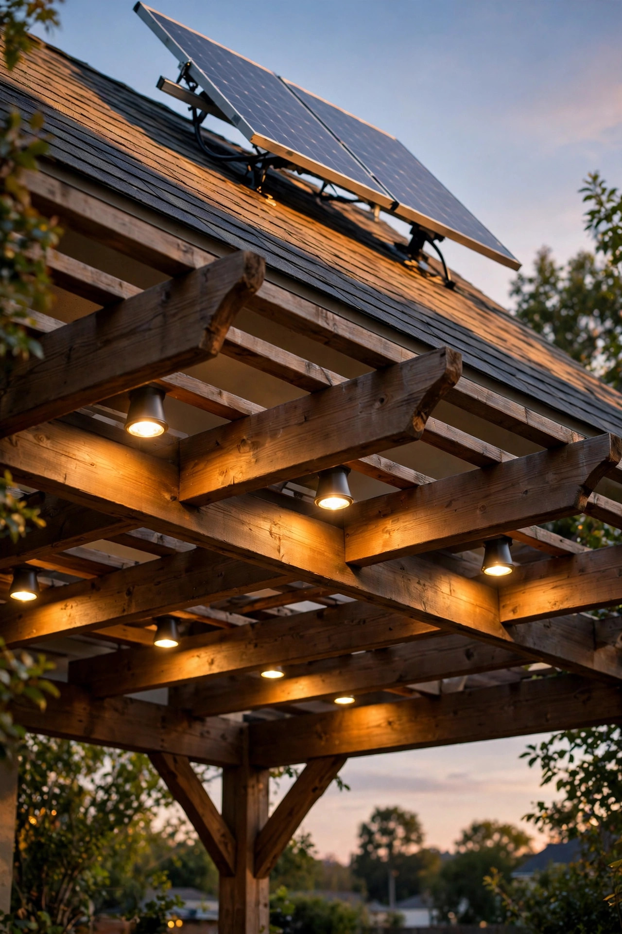 Solar downlight kit with a remote panel mounted on a shaded gazebo roof peak