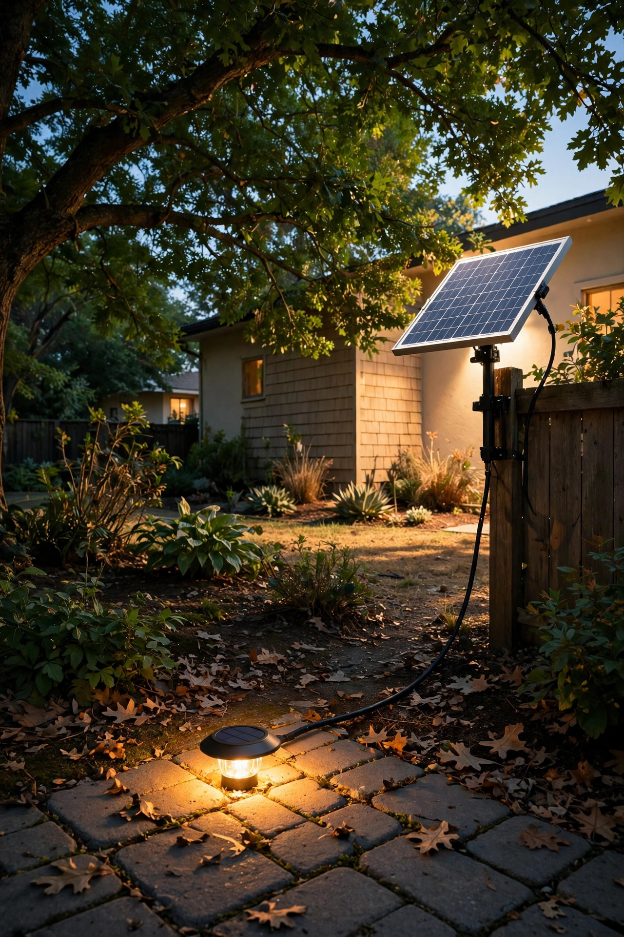 Solar driveway light glowing under shady trees with its remote solar panel mounted in a sunny spot nearby