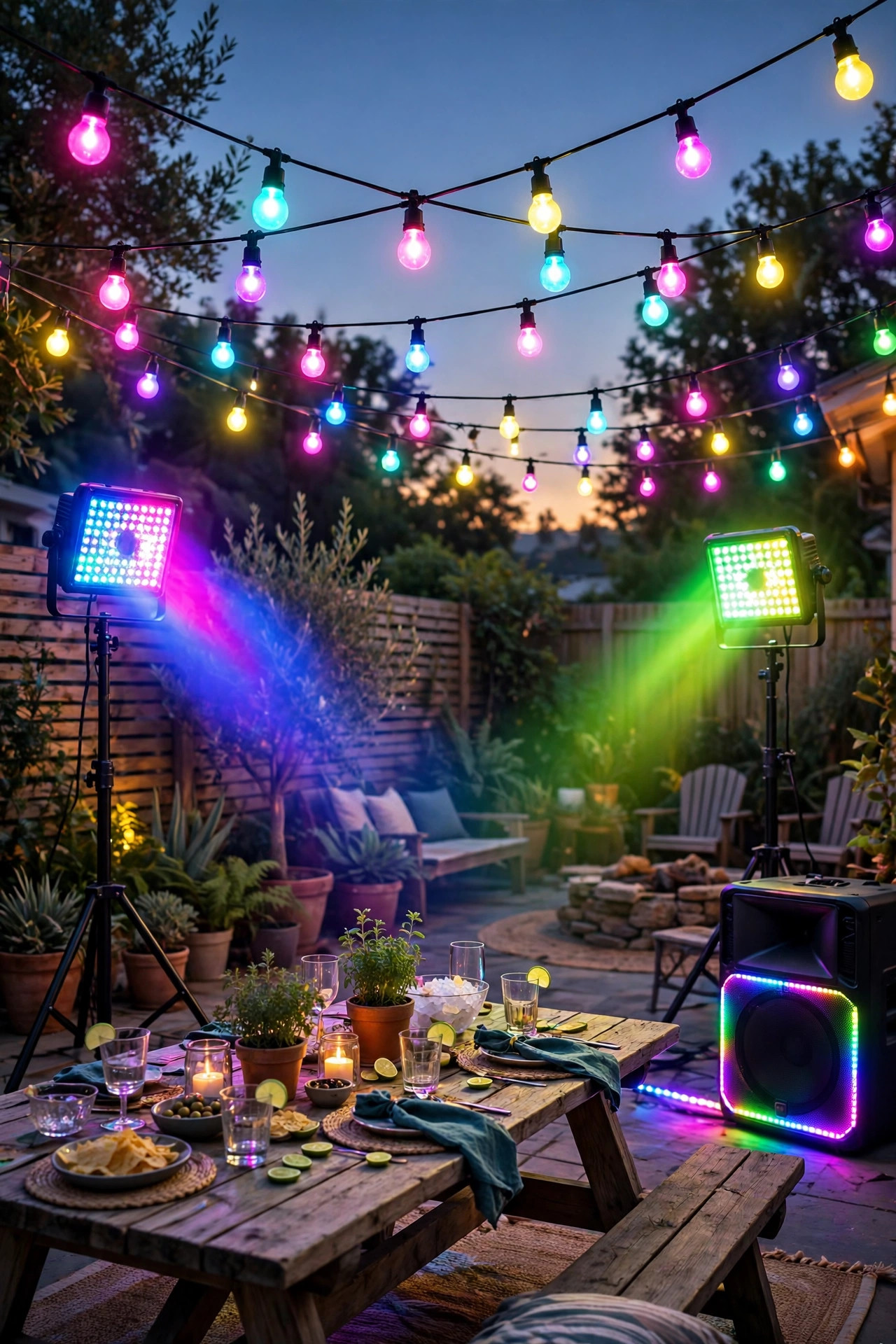 Backyard party scene with RGB string lights and floodlights synced to music glowing in bright shifting colors
