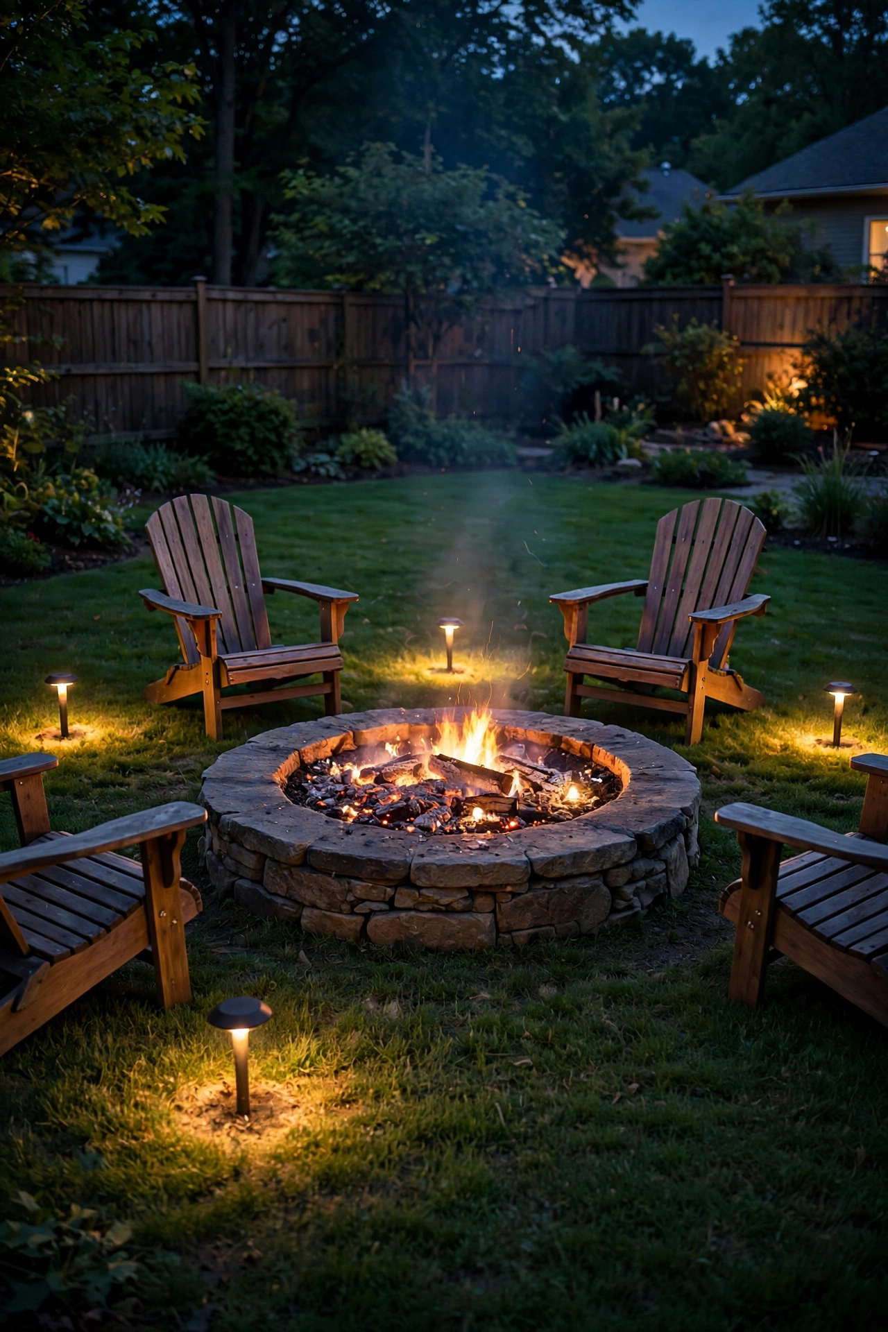 Low in ground well lights landscape ring glowing around a fire pit seating area at night