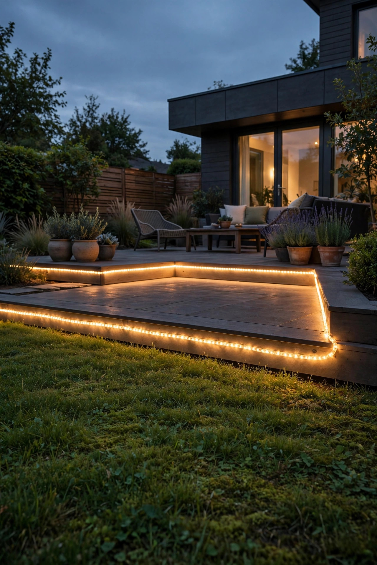 Warm rope light tracing the full L-shaped outline of a patio edge at dusk, seen from the lawn