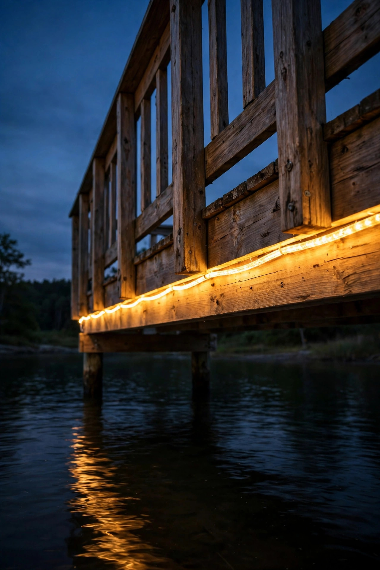 Warm rope light glowing in one continuous line under a wooden dock railing at night above dark water