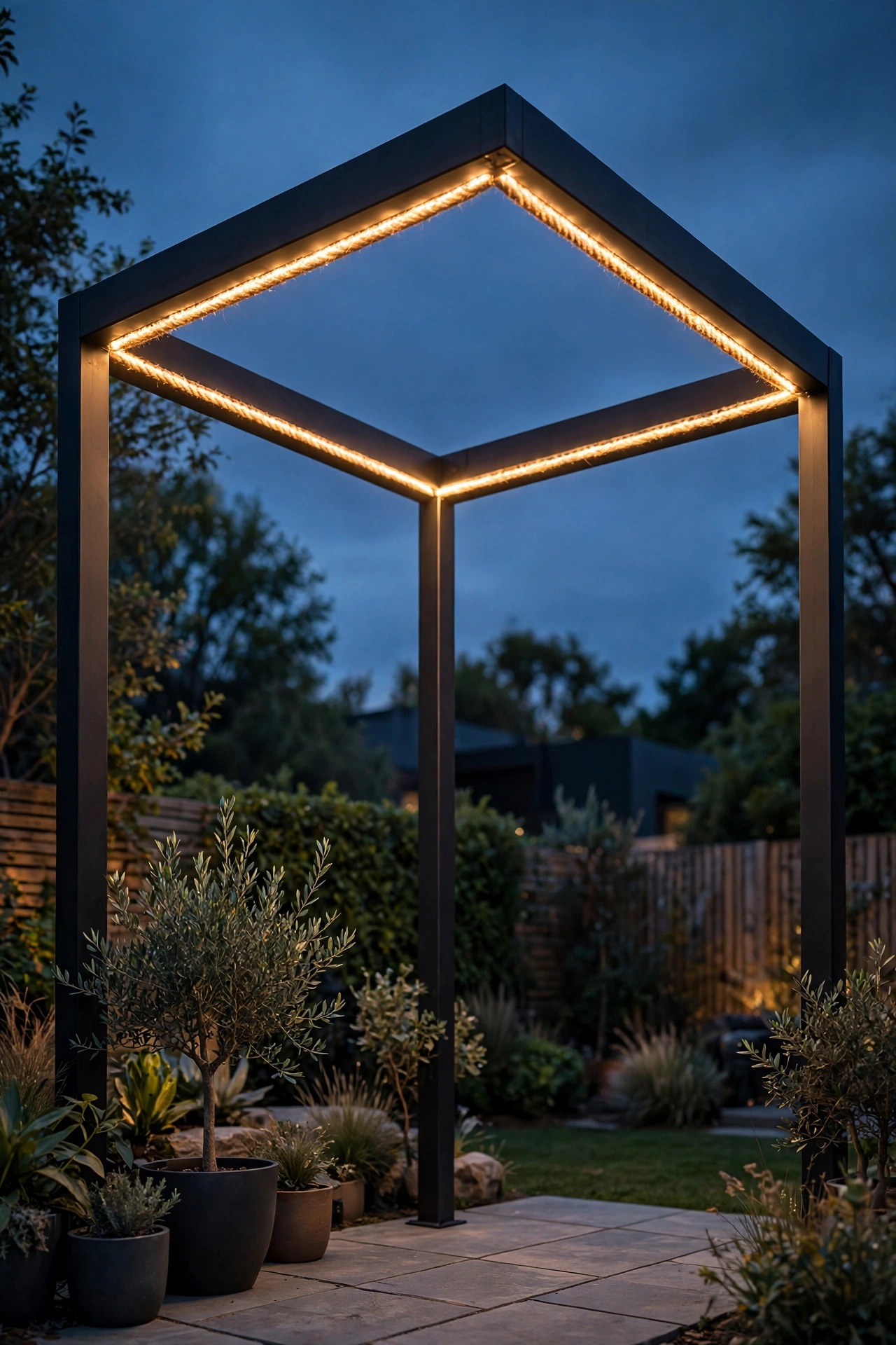 Warm rope light tracing the inside roofline edge of a square metal pergola in a clean glowing rectangle