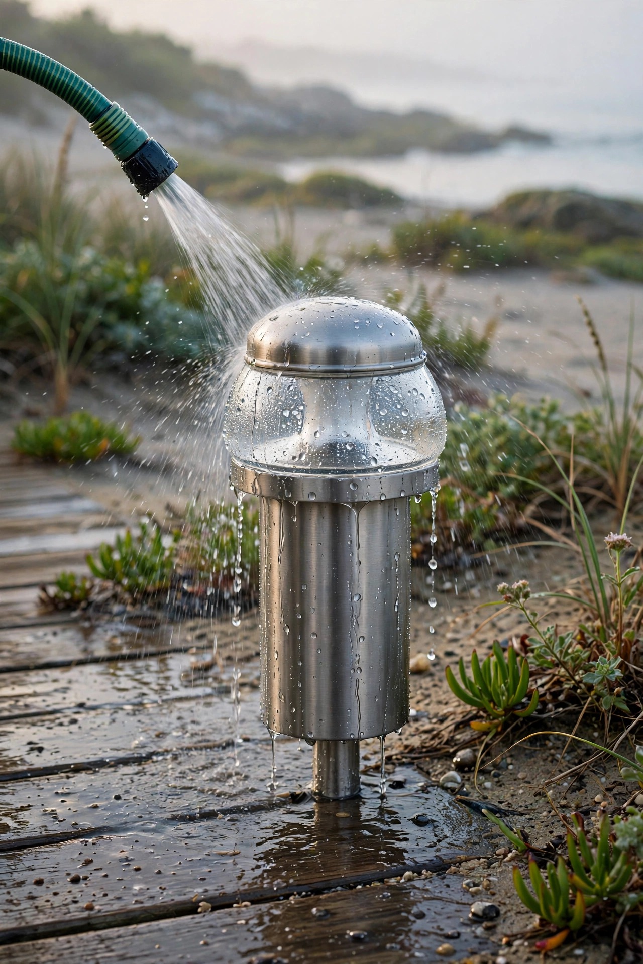 Garden hose gently rinsing a stainless path light on a coastal walkway in soft morning light with water beading on the lens