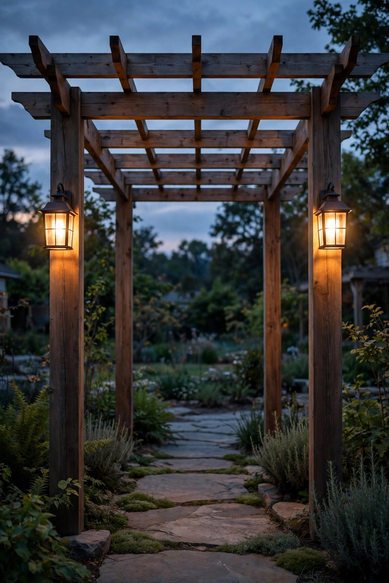 Pair of dusk-to-dawn sensor lanterns glowing at the entry posts of a freestanding pergola as evening falls