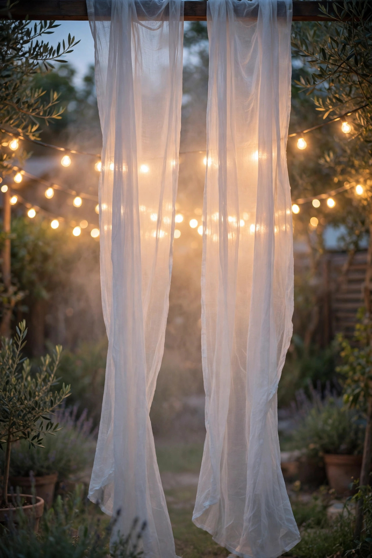 Sheer white curtains backlit by warm string lights creating a soft dreamy glow for an outdoor photo backdrop