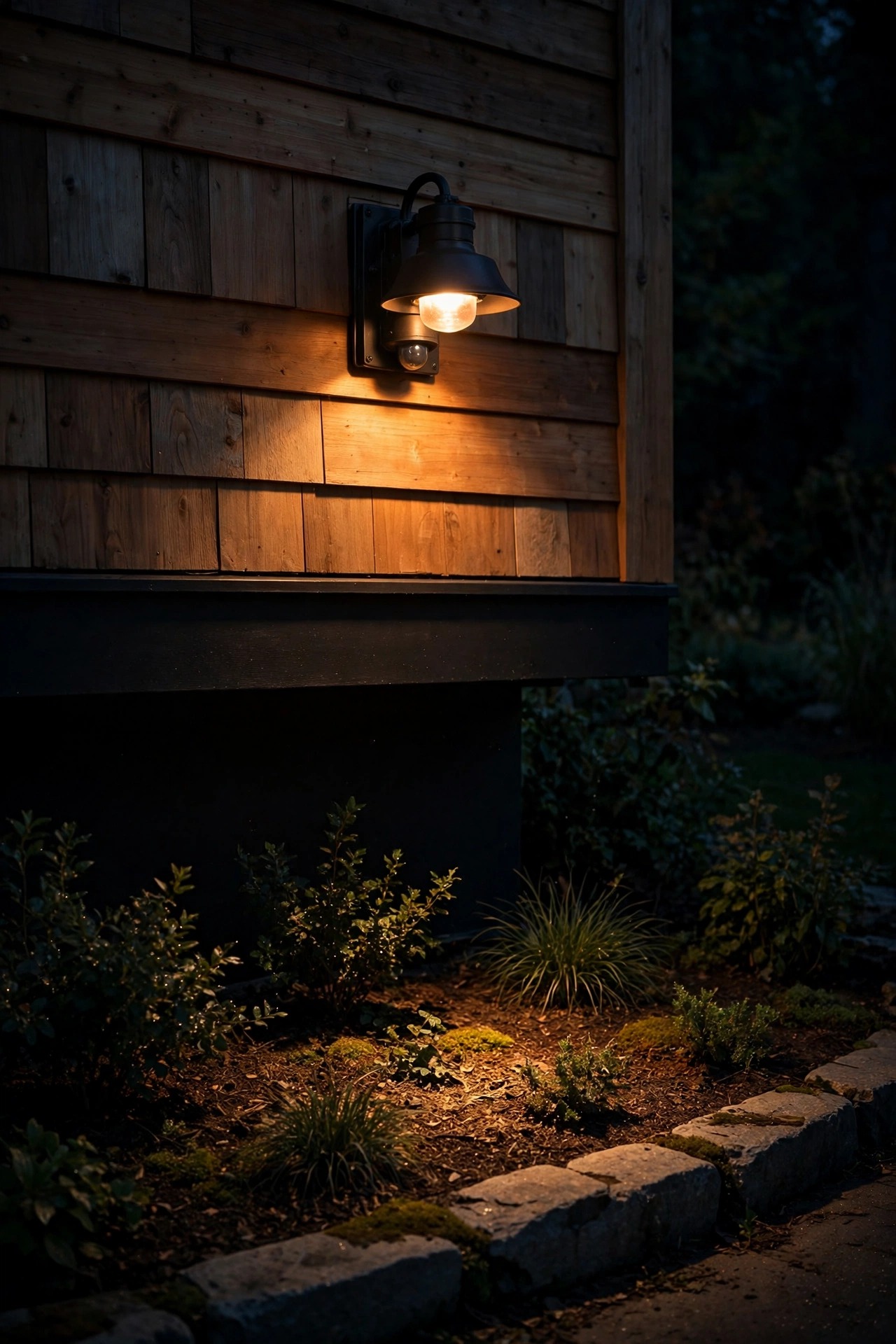 Hooded motion sensor porch fixture casting a soft downward pool of light that stops at the garden edge