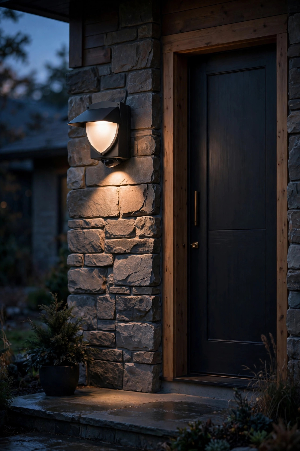 Shielded low-glare motion sensor sconce casting a soft downward pool of light beside an entry door