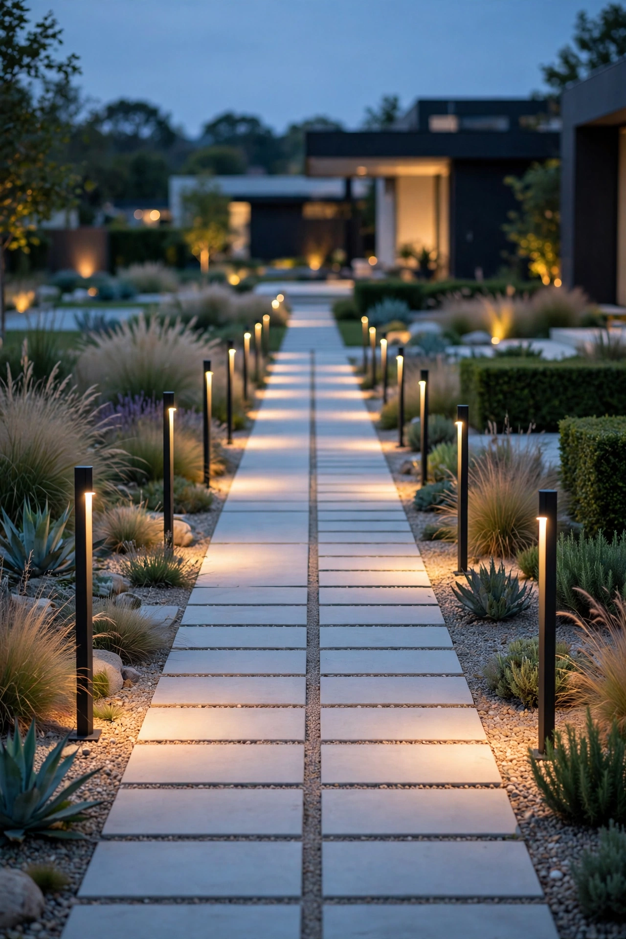 Slim linear bollards casting blades of light across ornamental grasses in a modern garden