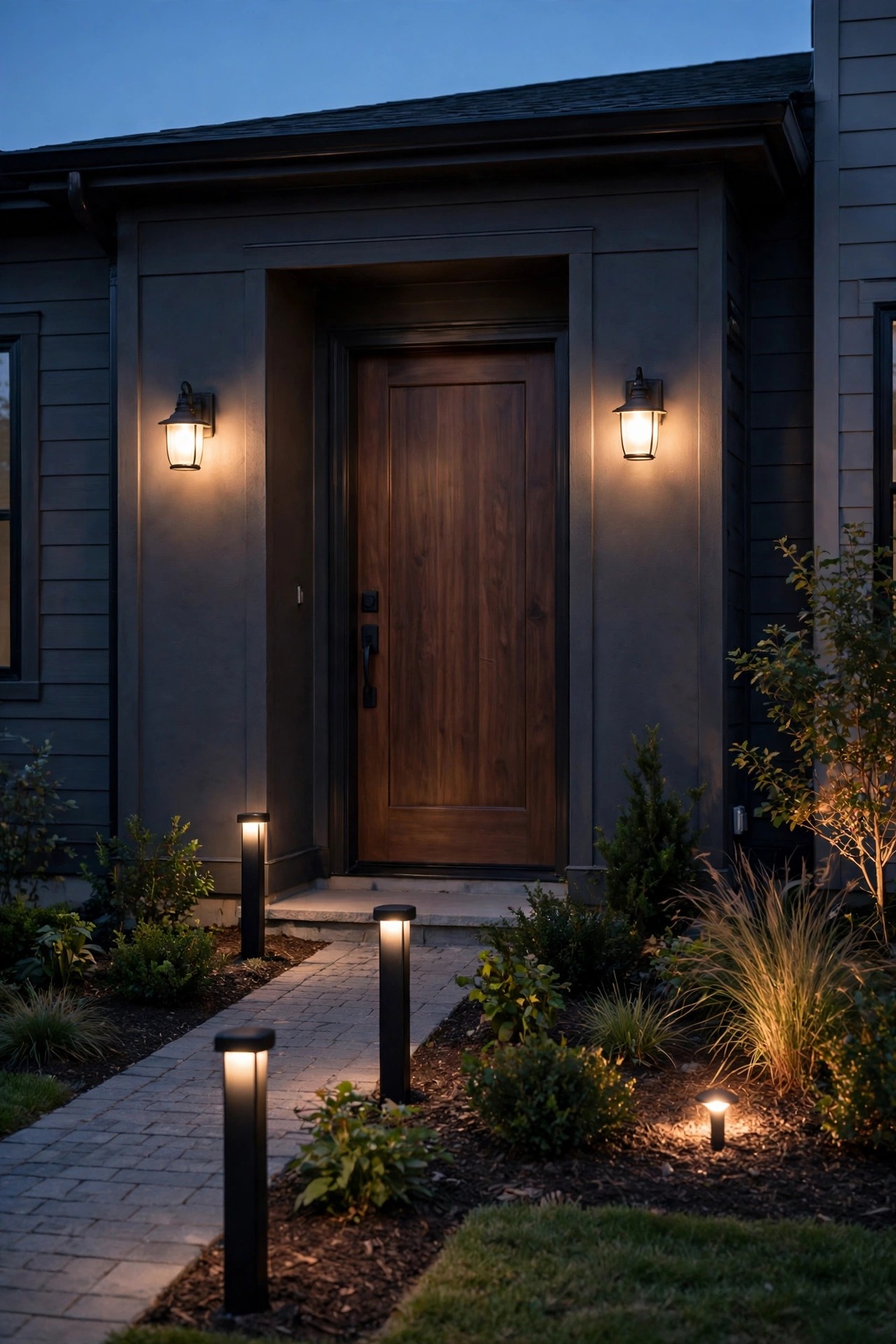 Small townhome front yard at dusk with just a sconce pair, three short bollards and one soft accent light, tidy and uncluttered