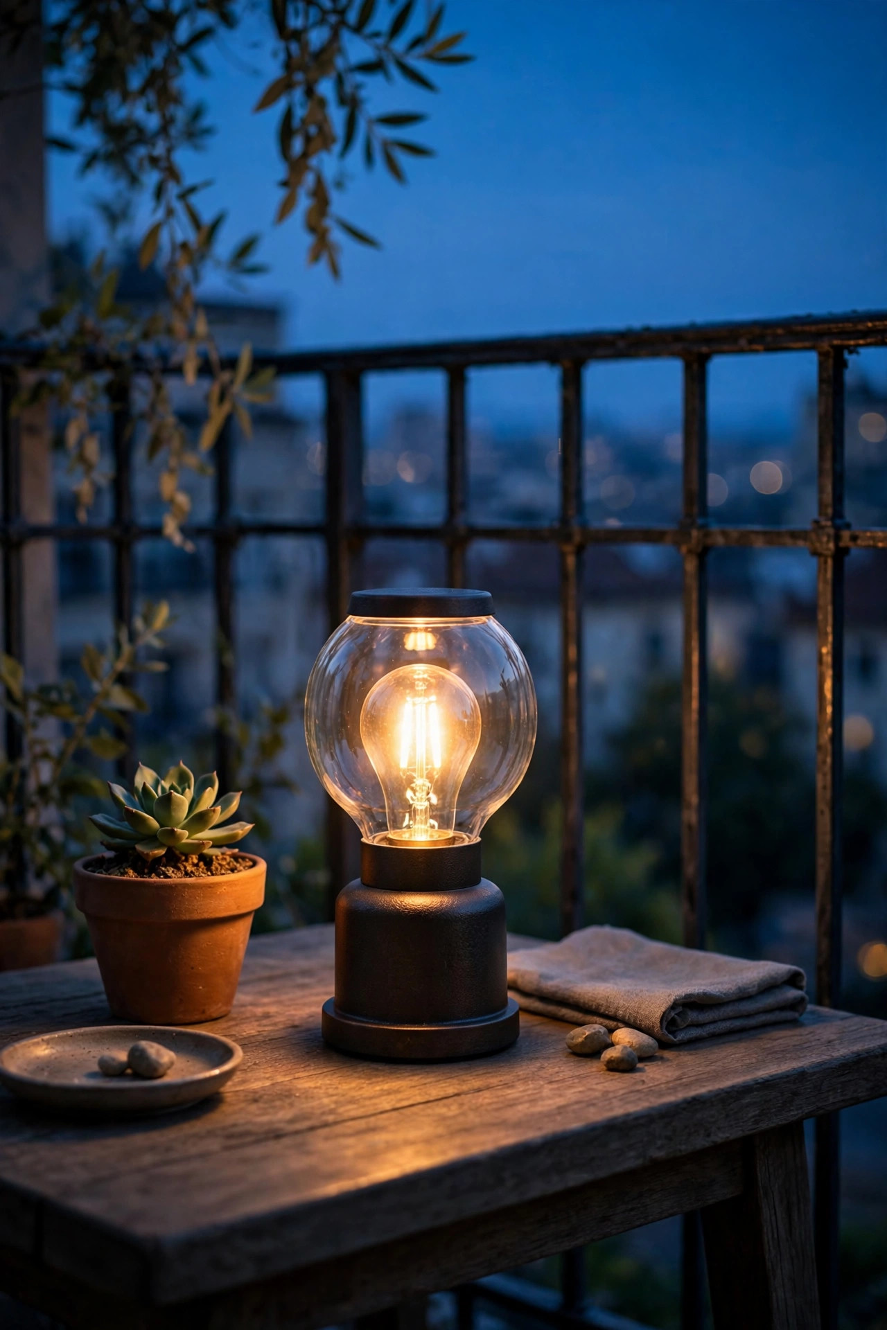 Small outdoor table lamp with a warm smart bulb glowing on a balcony side table at dusk