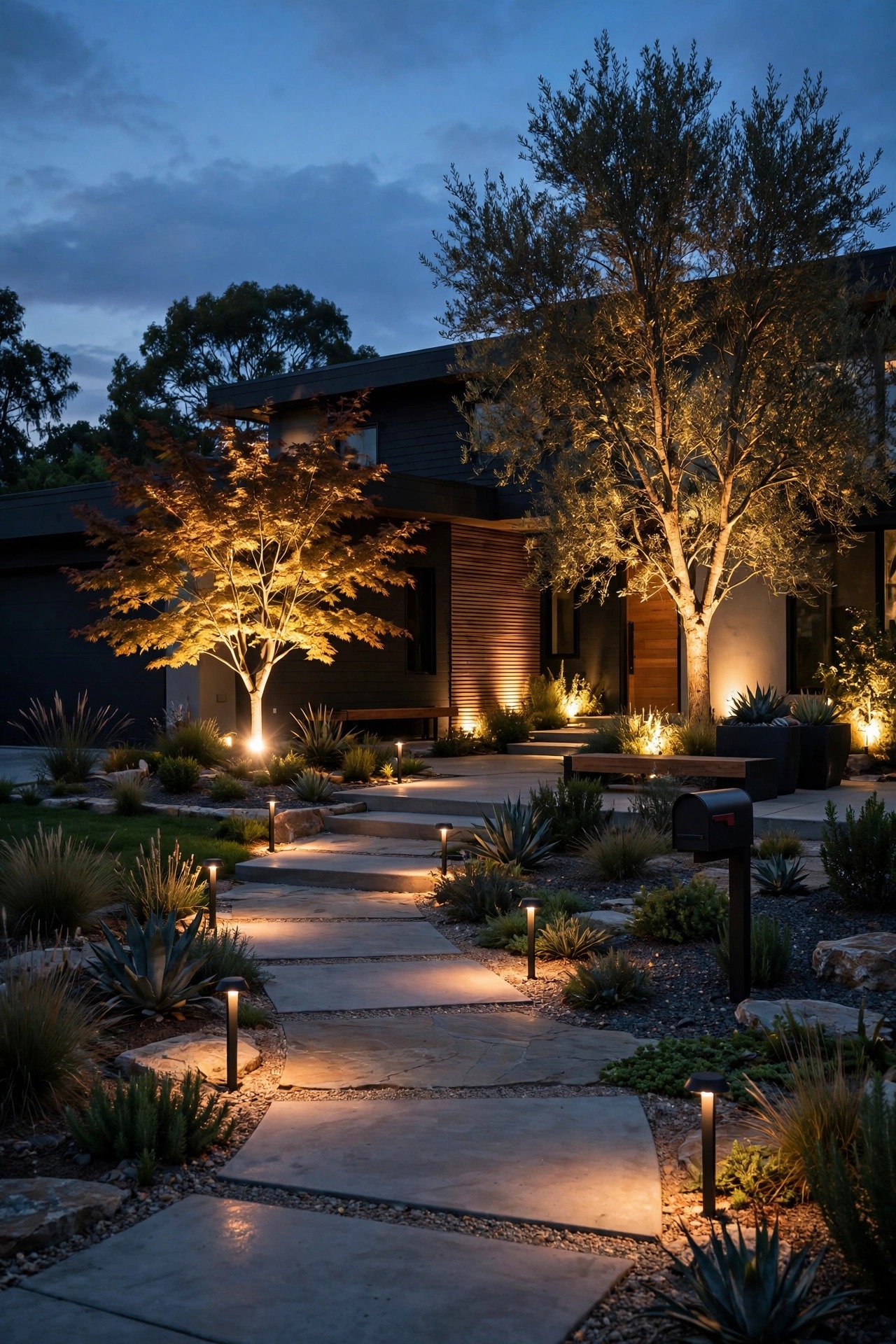 Modern front yard at dusk with path lights and accent uplights running on separate smart timer zones at different brightness