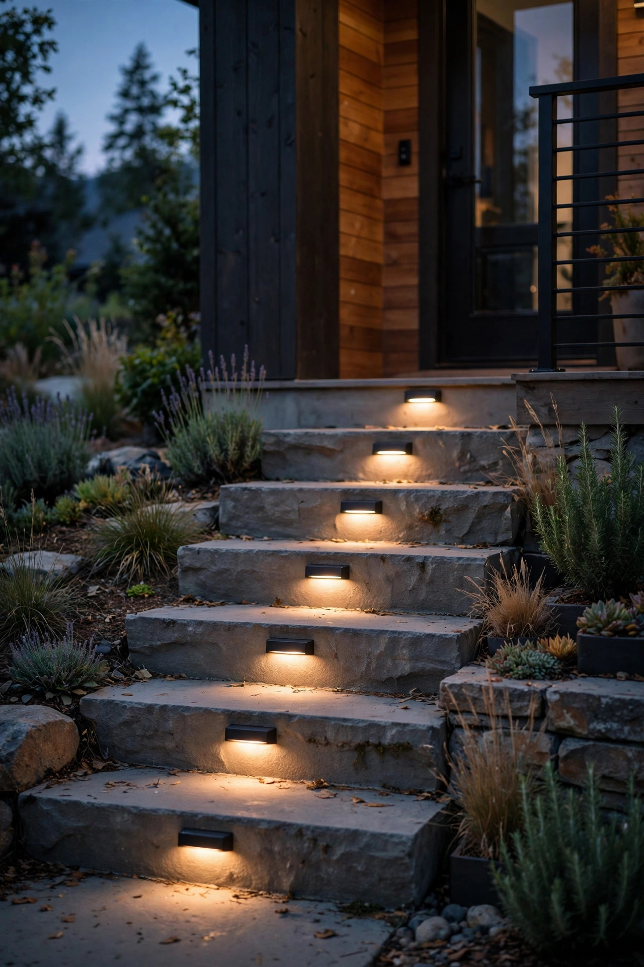 Smart surface mount step lights dimmed to a soft warm scene on a front staircase in the evening