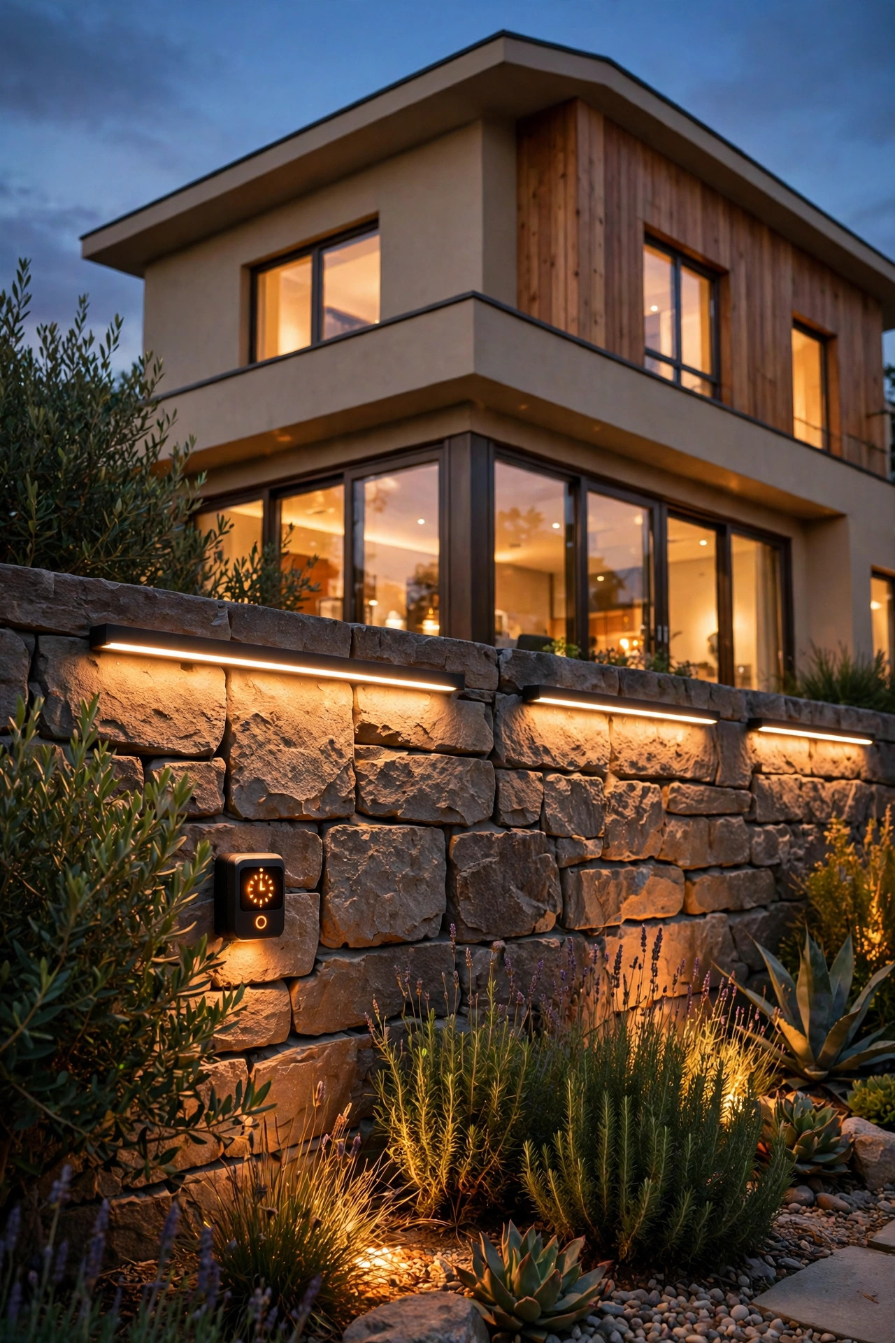 House facade and garden wall at dusk with linear wash bars on a sunset timer glowing in coordinated warm zones