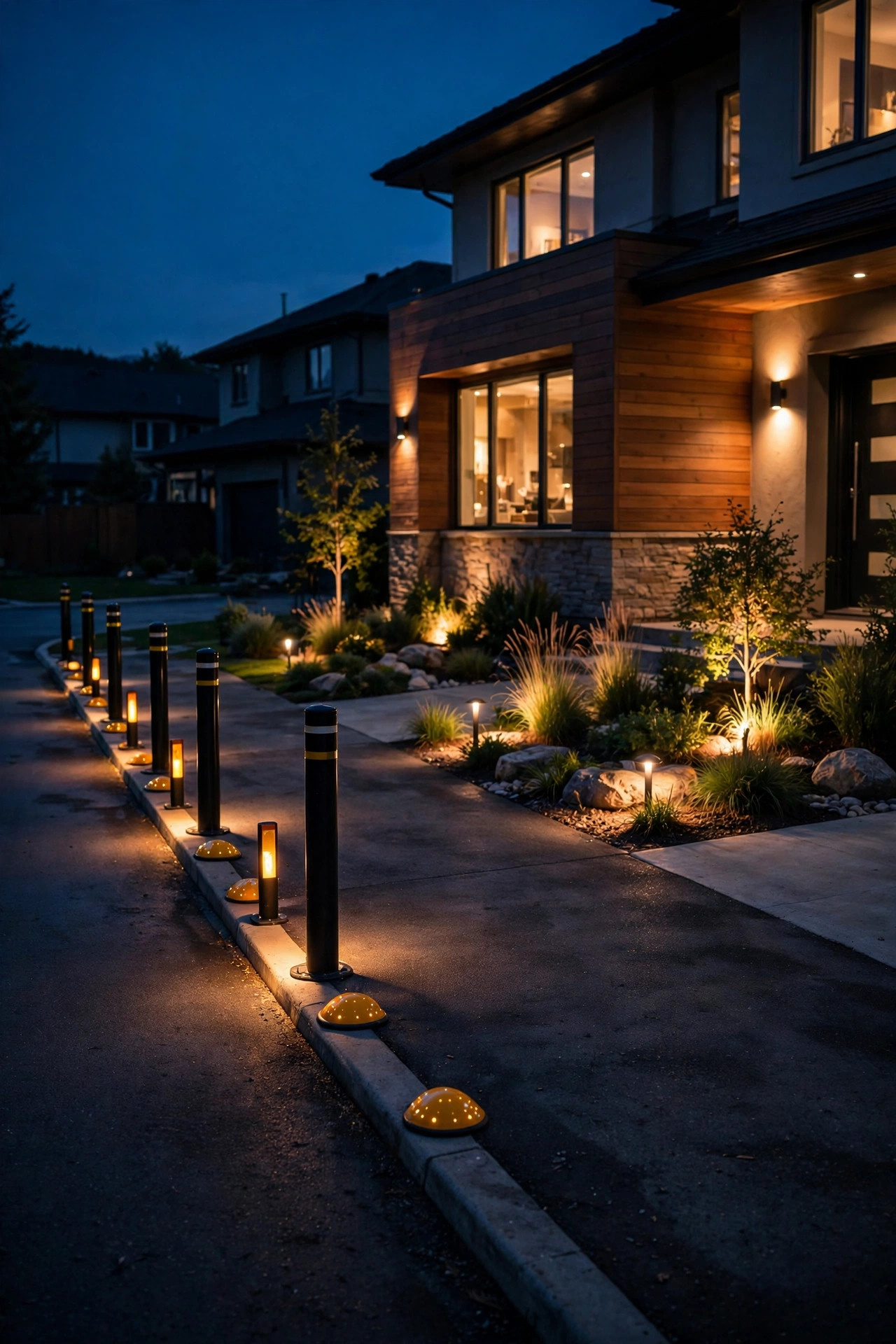 Driveway apron at night with bollards and markers on one warm zone while accent uplighting glows softly in a second zone