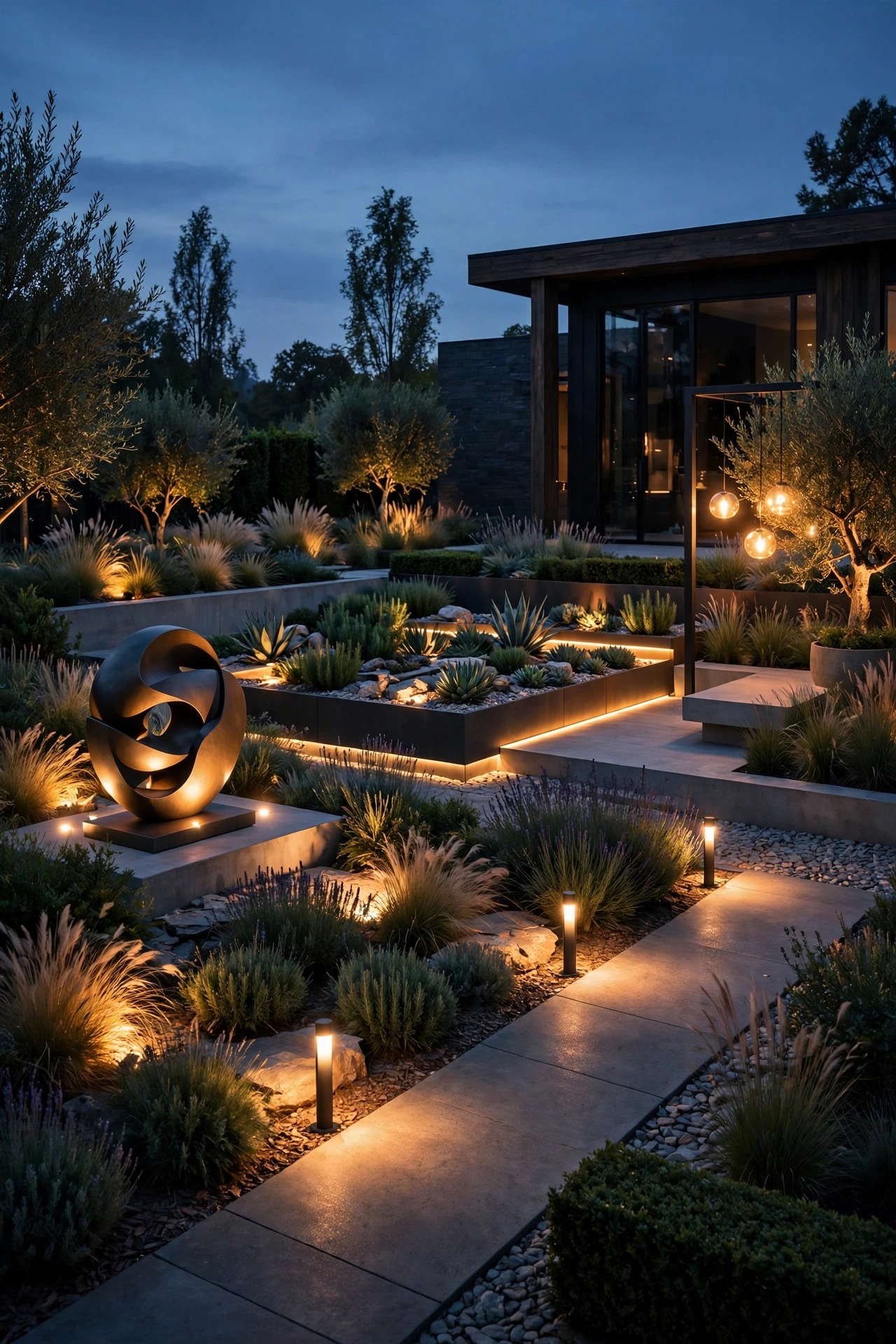 Smartphone controlling zoned modern garden lighting scenes with paths, beds and sculpture accents