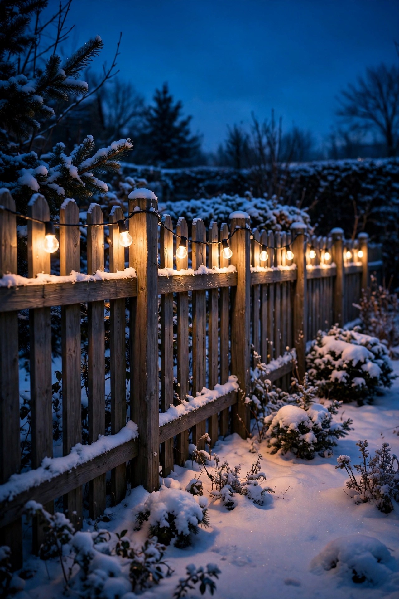 Warm white solar lights glowing softly with light reflecting off fresh snow along a garden fence on a clear winter night