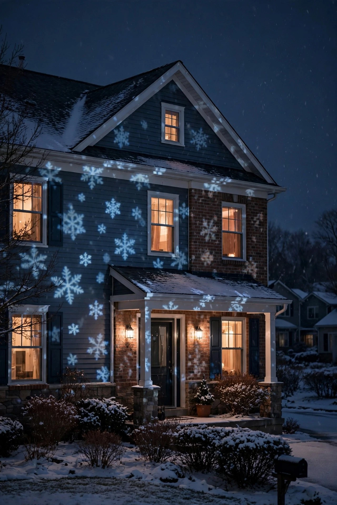 Subtle snowflake light projection drifting across a house facade on a winter night