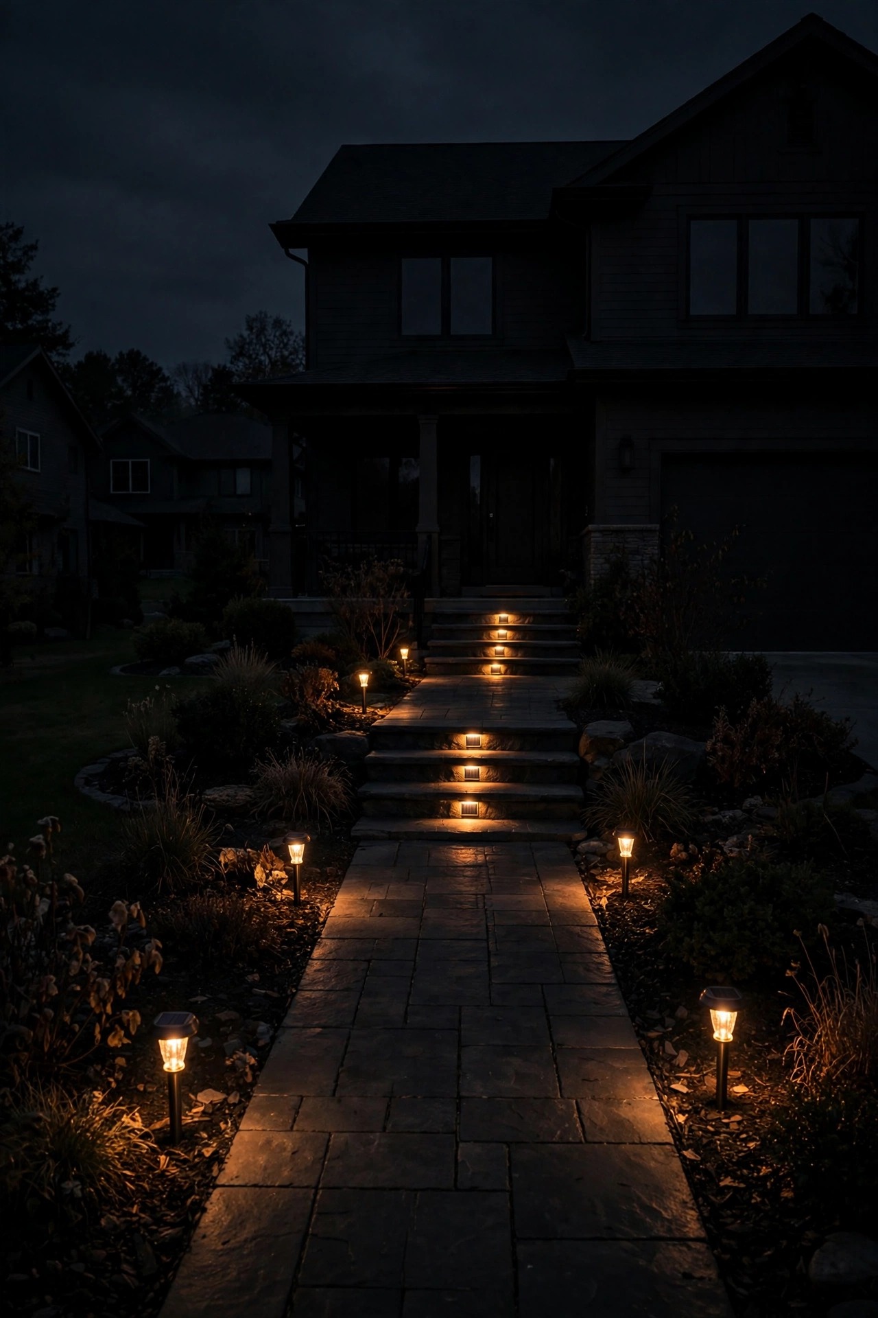 Solar step and path lights glowing steadily along a dark front walk during a neighborhood power outage, house windows unlit