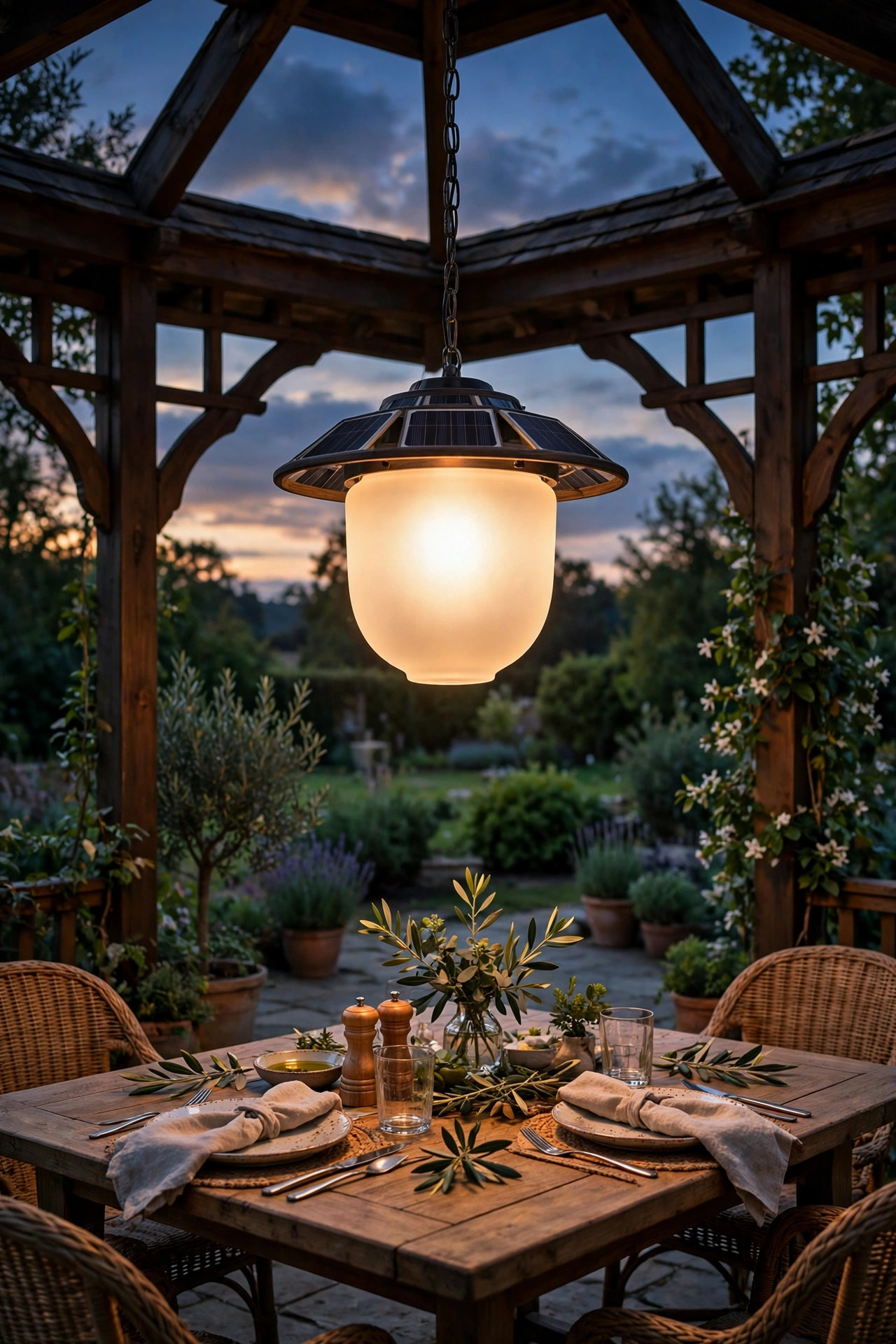 Solar chandelier with a frosted shade glowing over a gazebo dining table at dusk