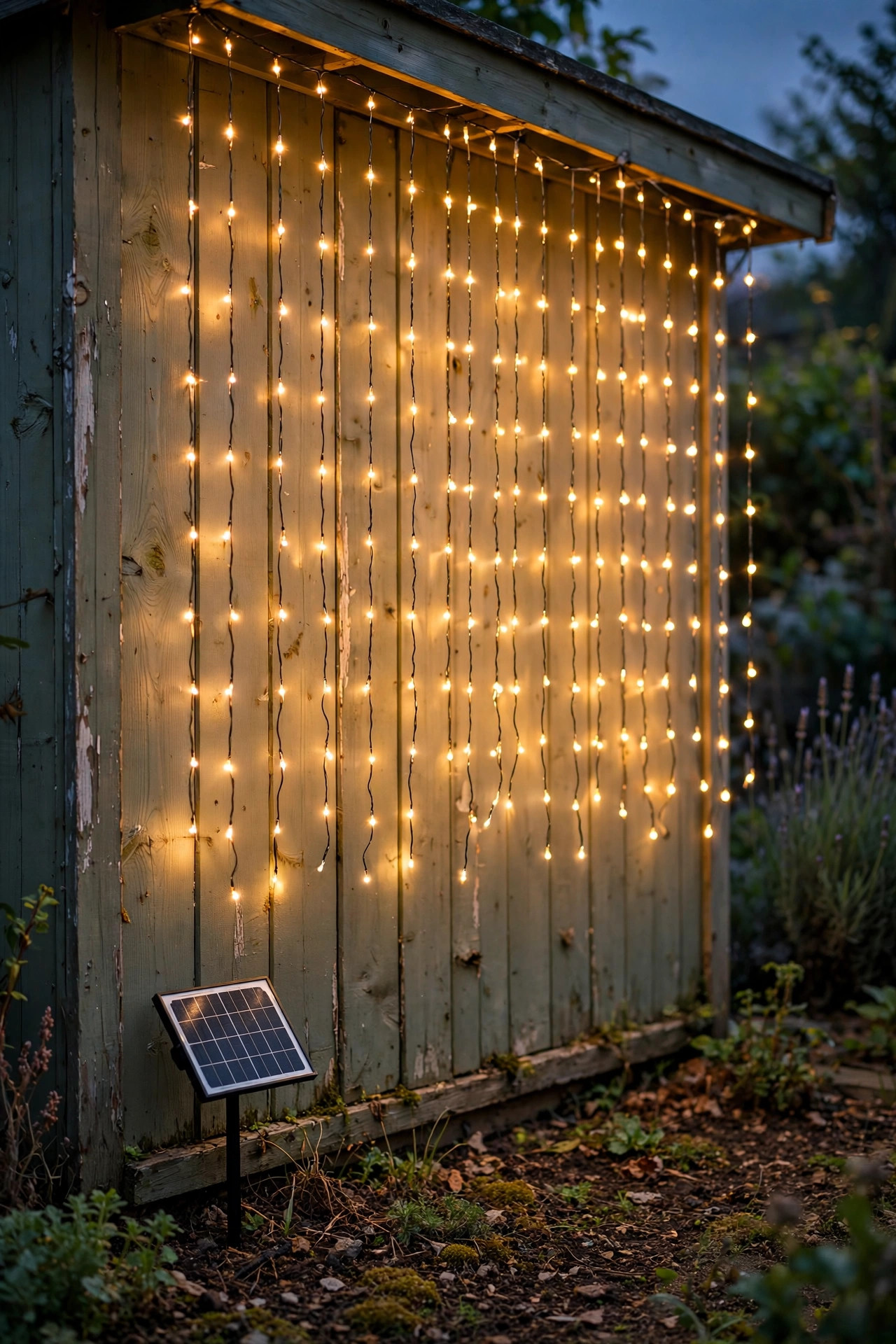Solar curtain lights glowing on a garden shed wall with a small solar panel staked nearby