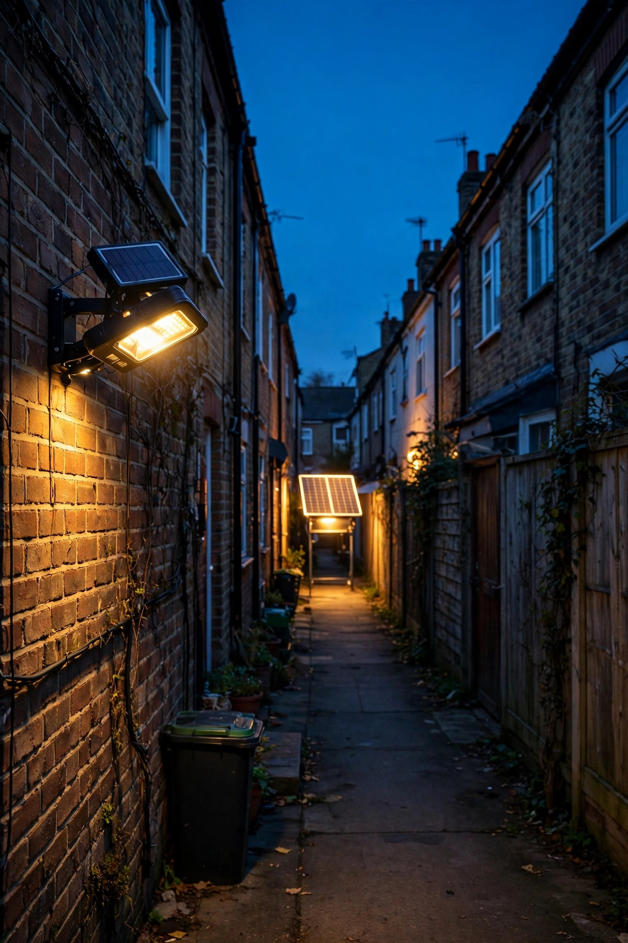 Solar floodlight with a separate panel glowing at the far end of a long residential alley at dusk