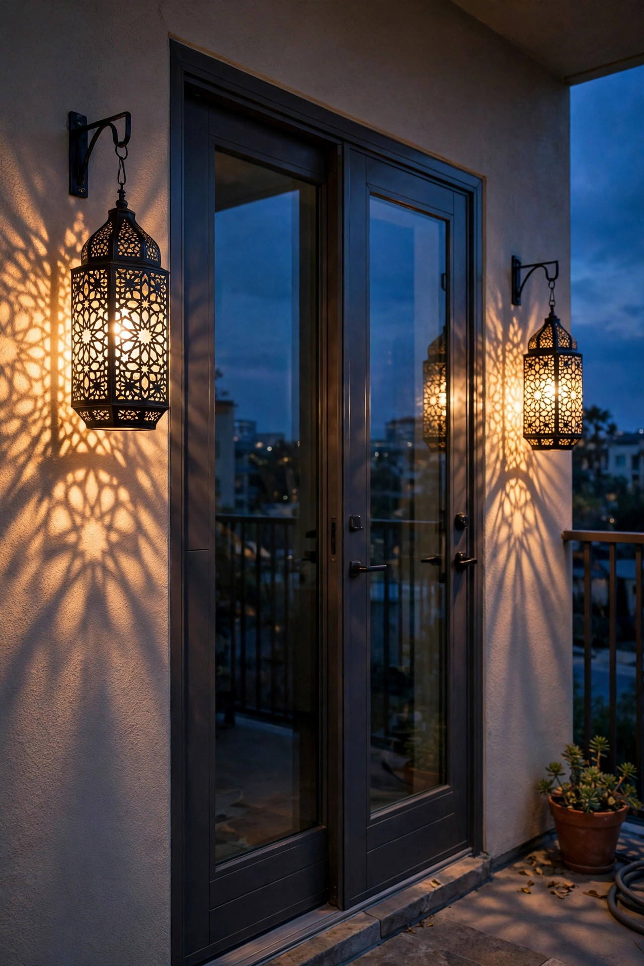 Pair of patterned solar lanterns flanking a condo balcony door, casting warm decorative shadows at dusk