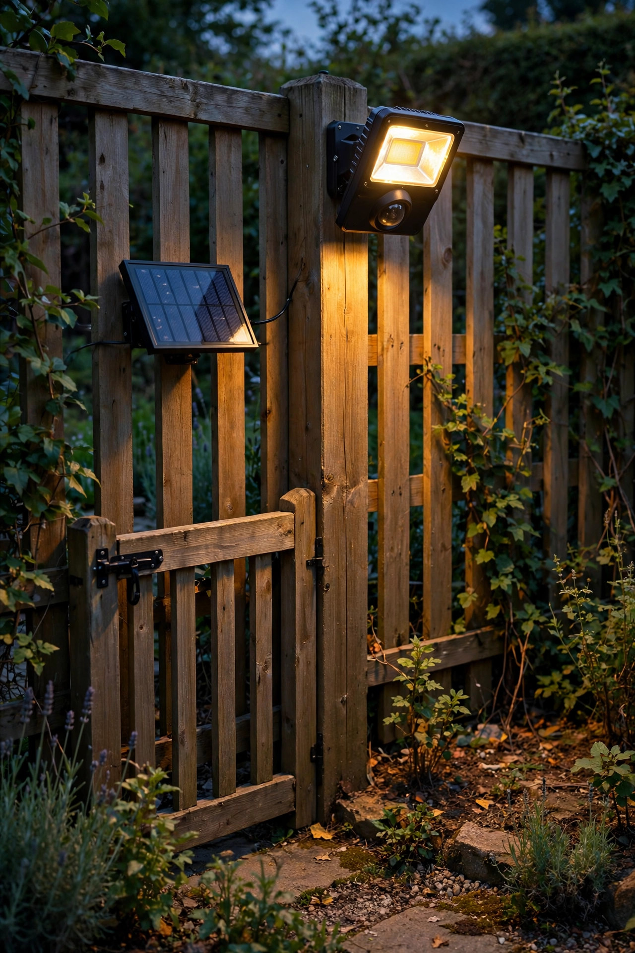 Solar motion sensor flood light with a separate small solar panel mounted on a fence corner near a garden gate