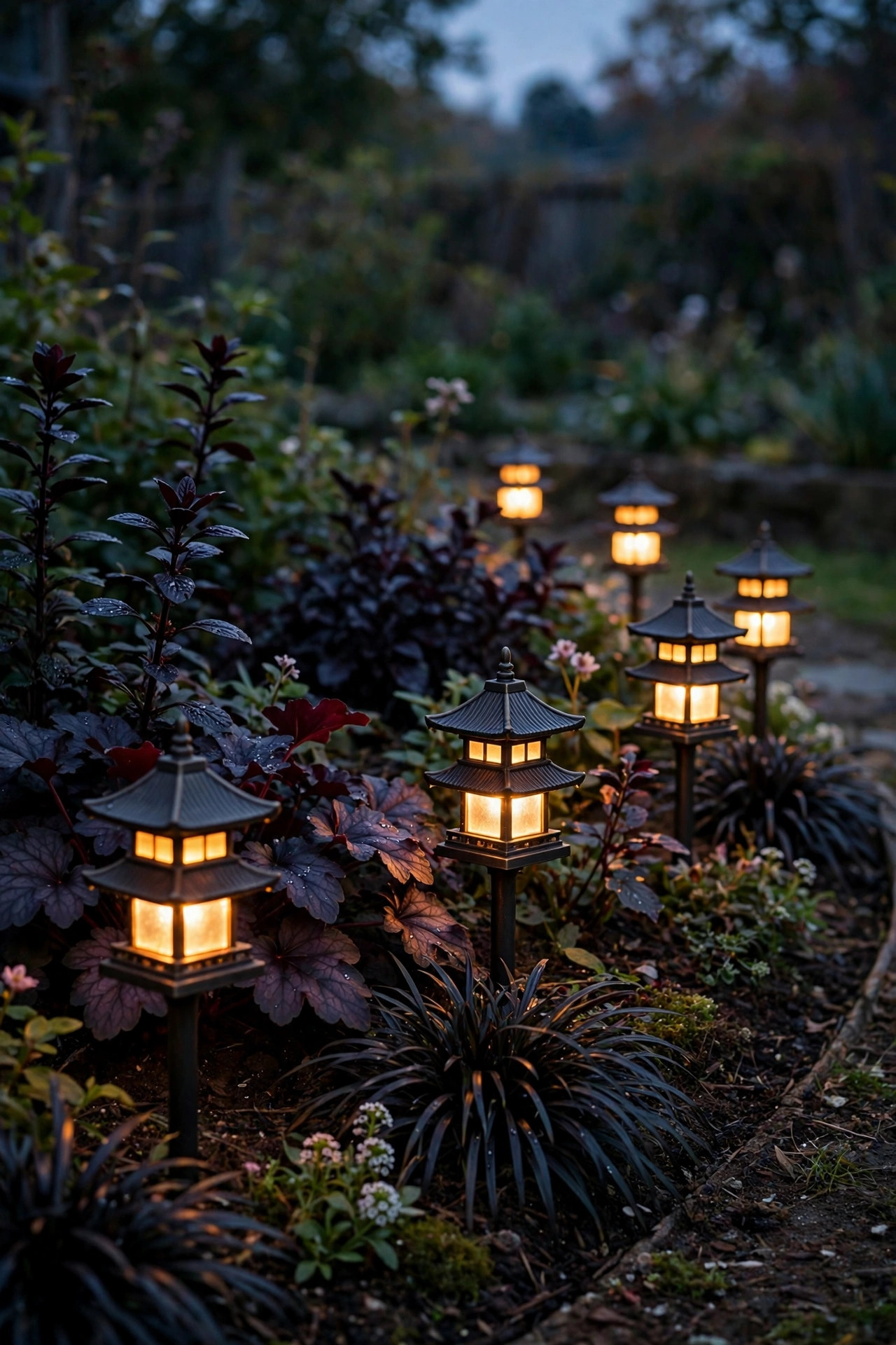 Small solar pagoda stake lights edging a flower bed with dark foliage plants at dusk