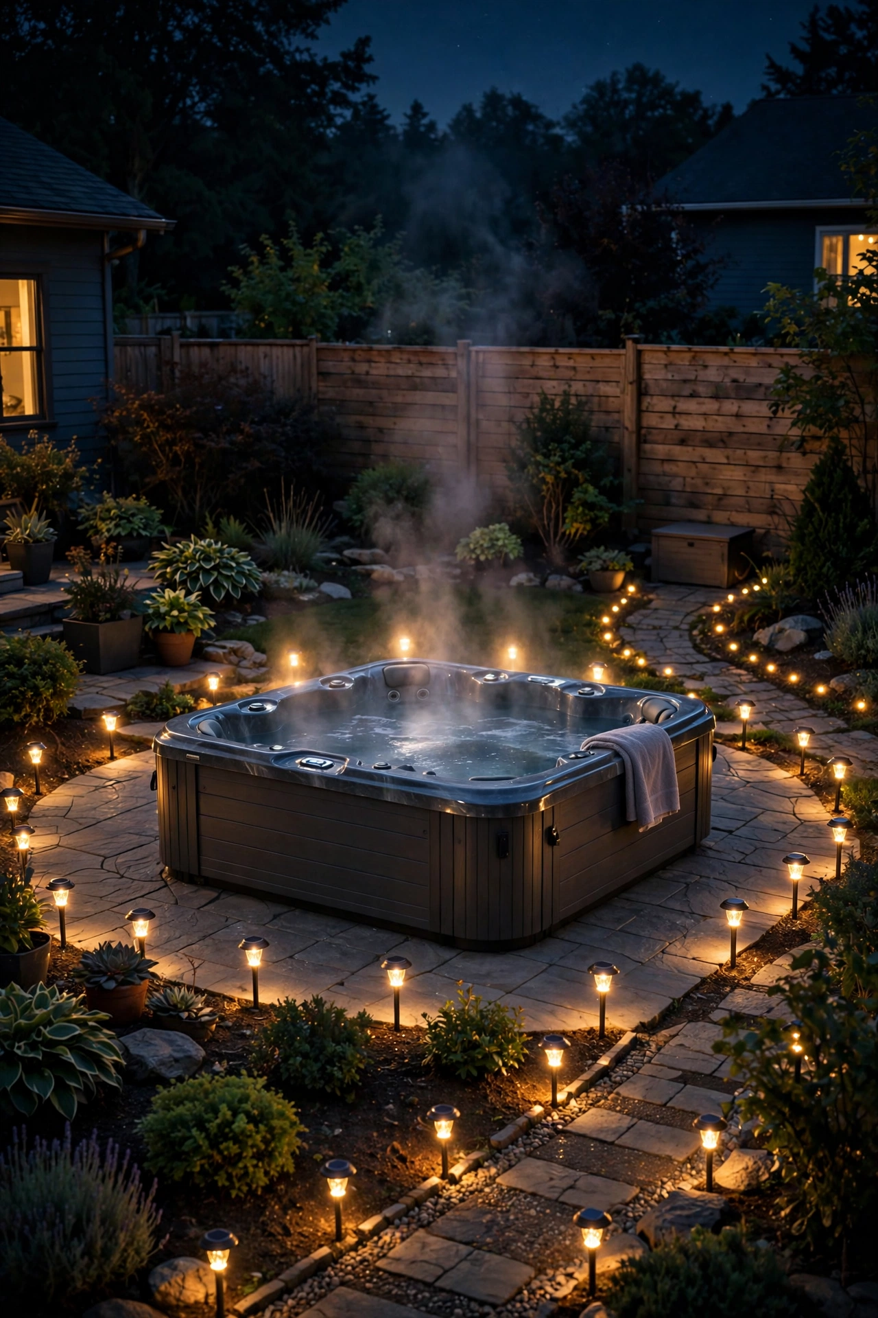 Warm solar stake lights ringing the patio perimeter around a hot tub at night