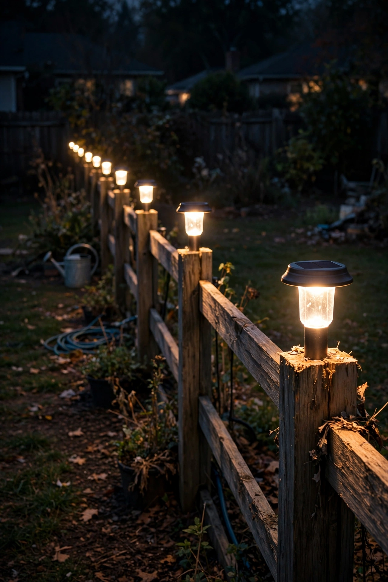 Solar post-cap lights glowing warm on top of wooden fence posts along a fence line