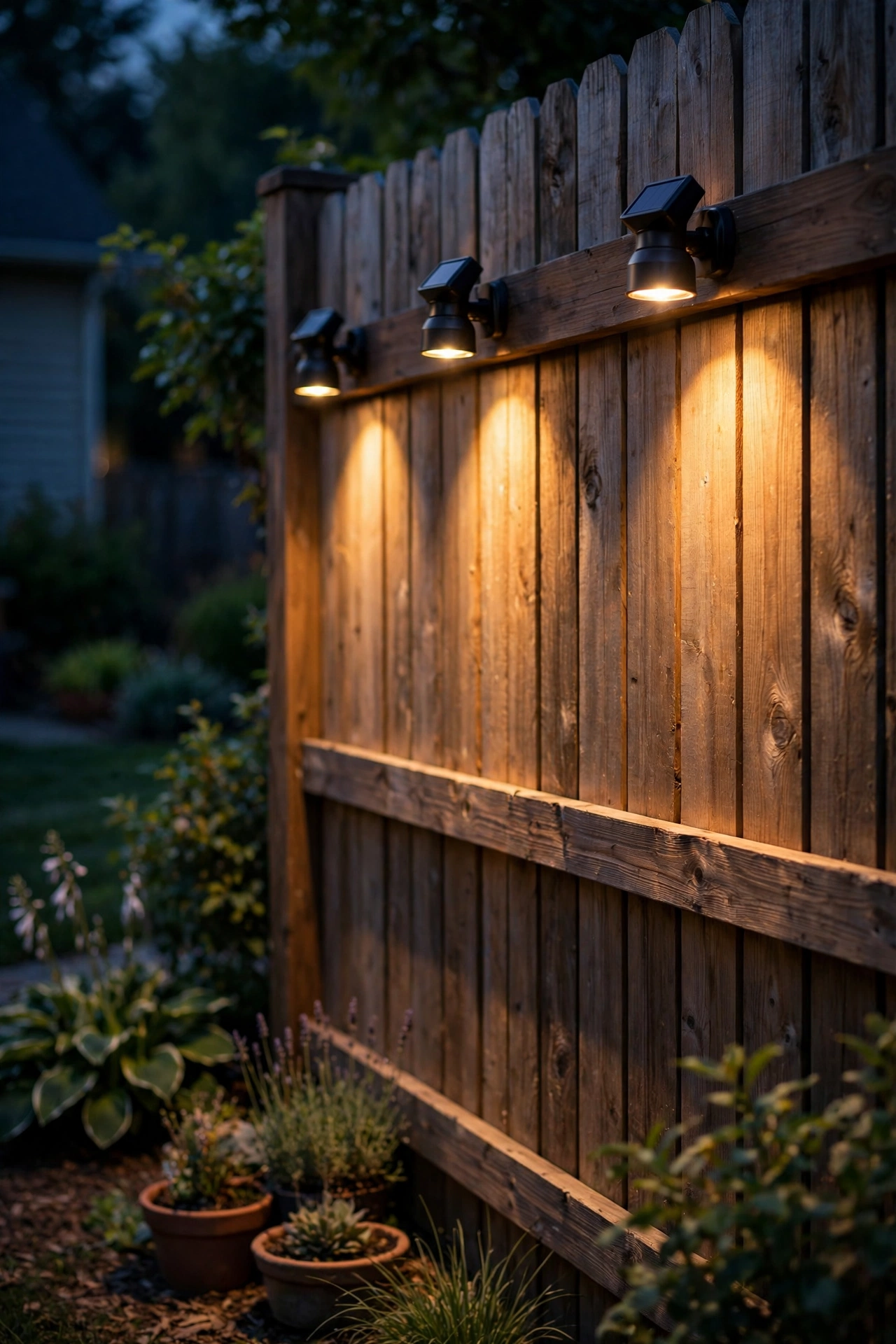 Small solar spotlights mounted on a fence rail washing light down the boards at night
