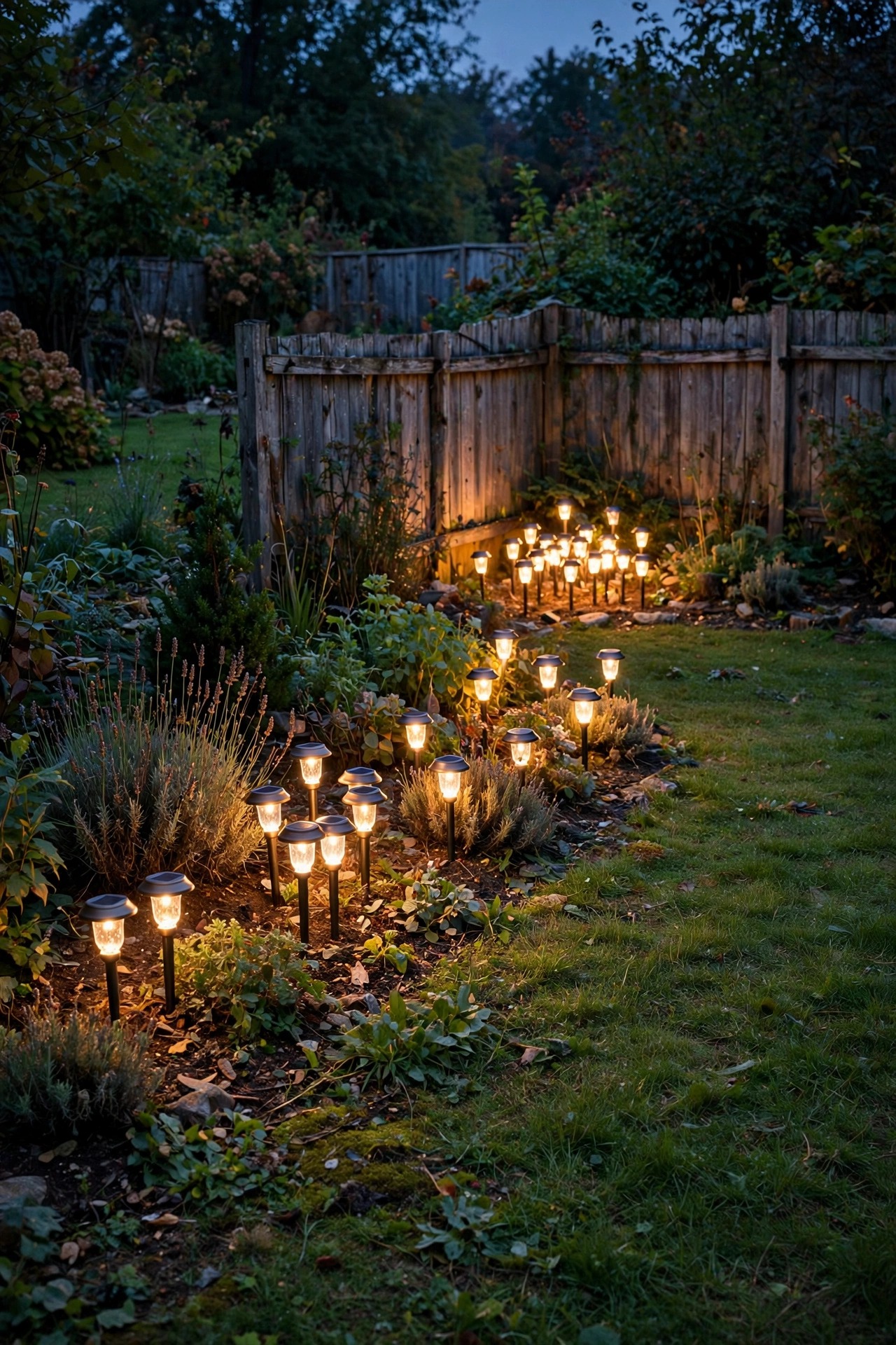 Cluster of solar stake lights glowing across a far garden corner of a large backyard