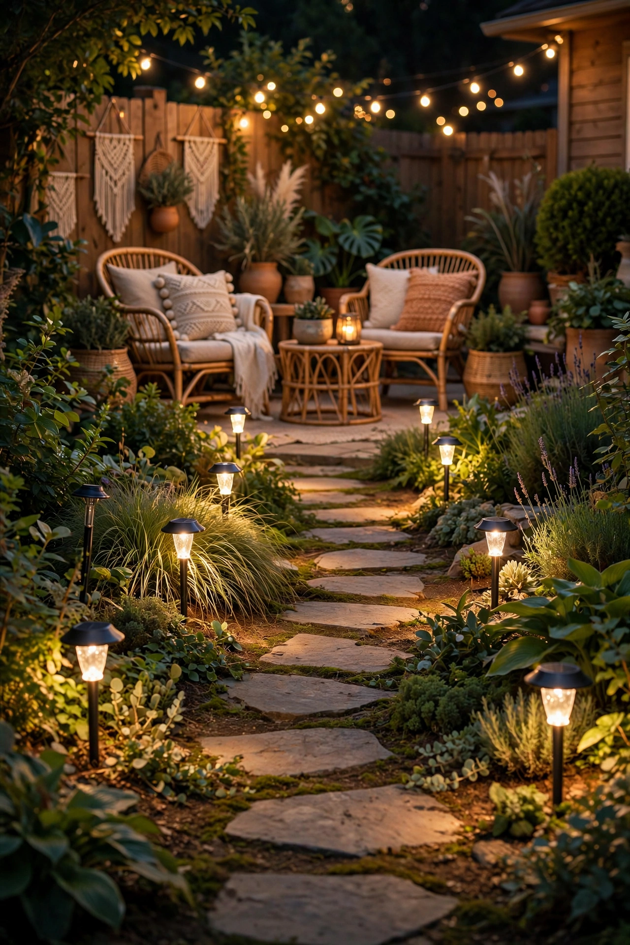 Warm-white solar stake lights lining a garden path leading to a boho patio