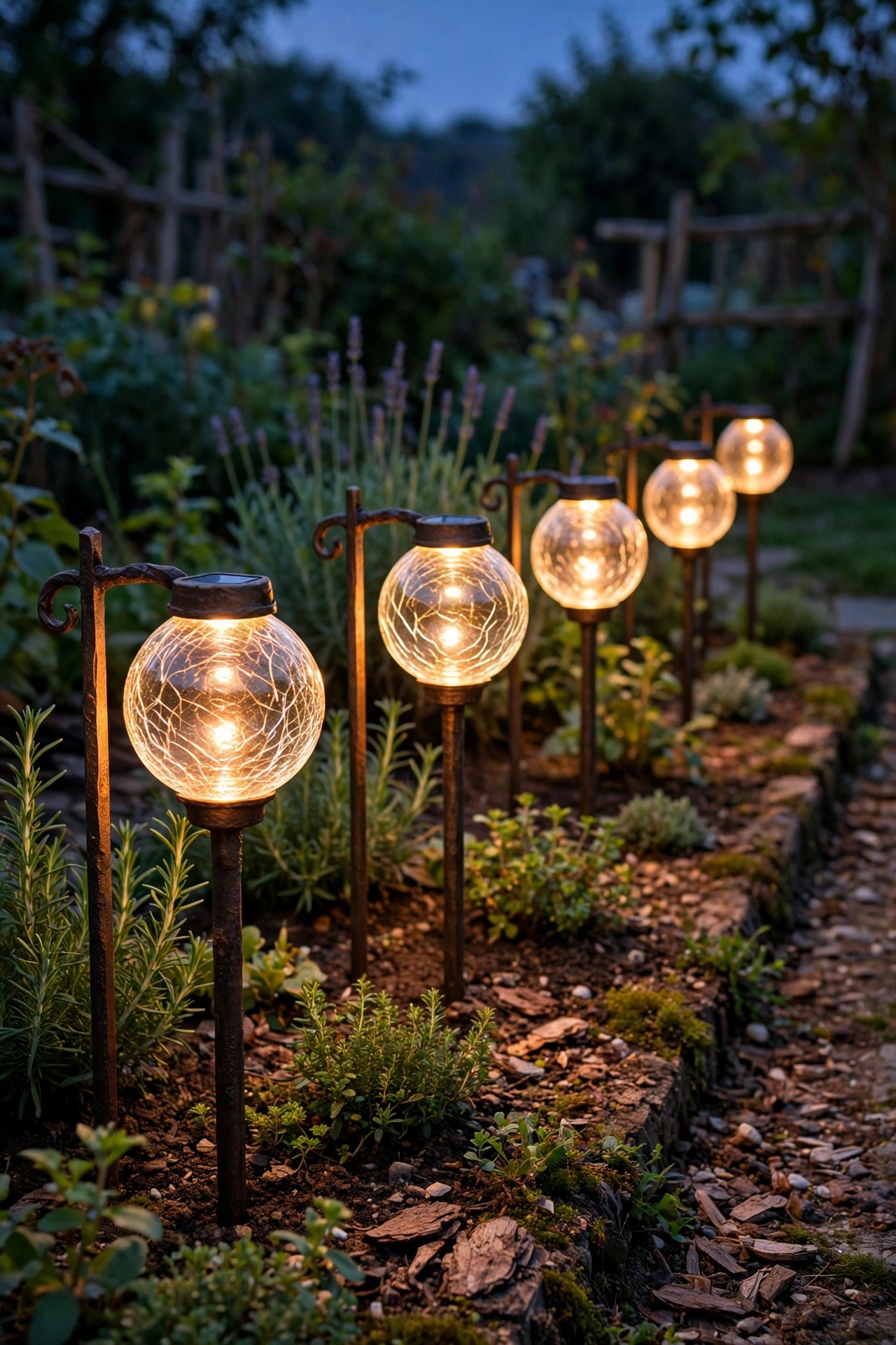 Handcrafted-look solar stake lights with crackled glass globes edging a garden bed at dusk
