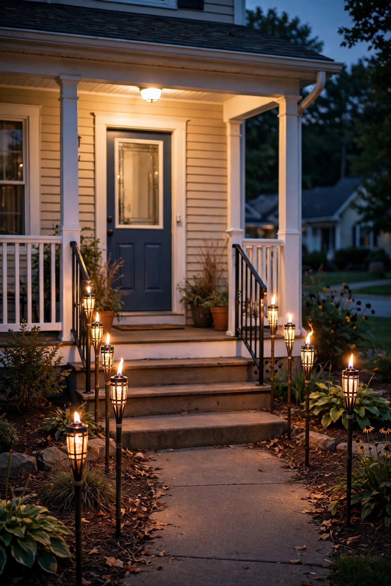 Flickering solar torch lights staked on both sides of open porch steps at night