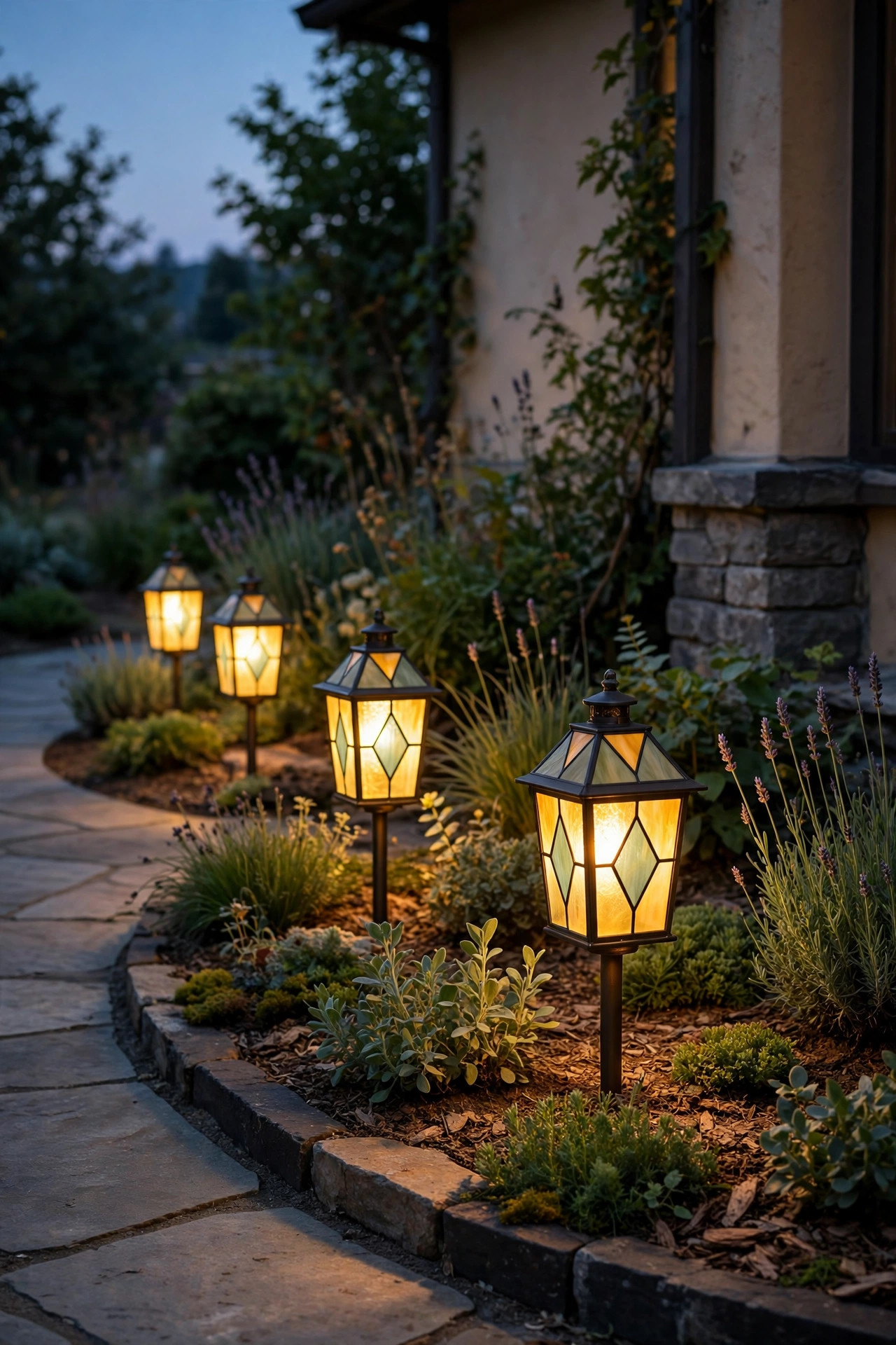 Stained glass style lantern path lights in amber and sage tones glowing at a front walkway garden bed corner