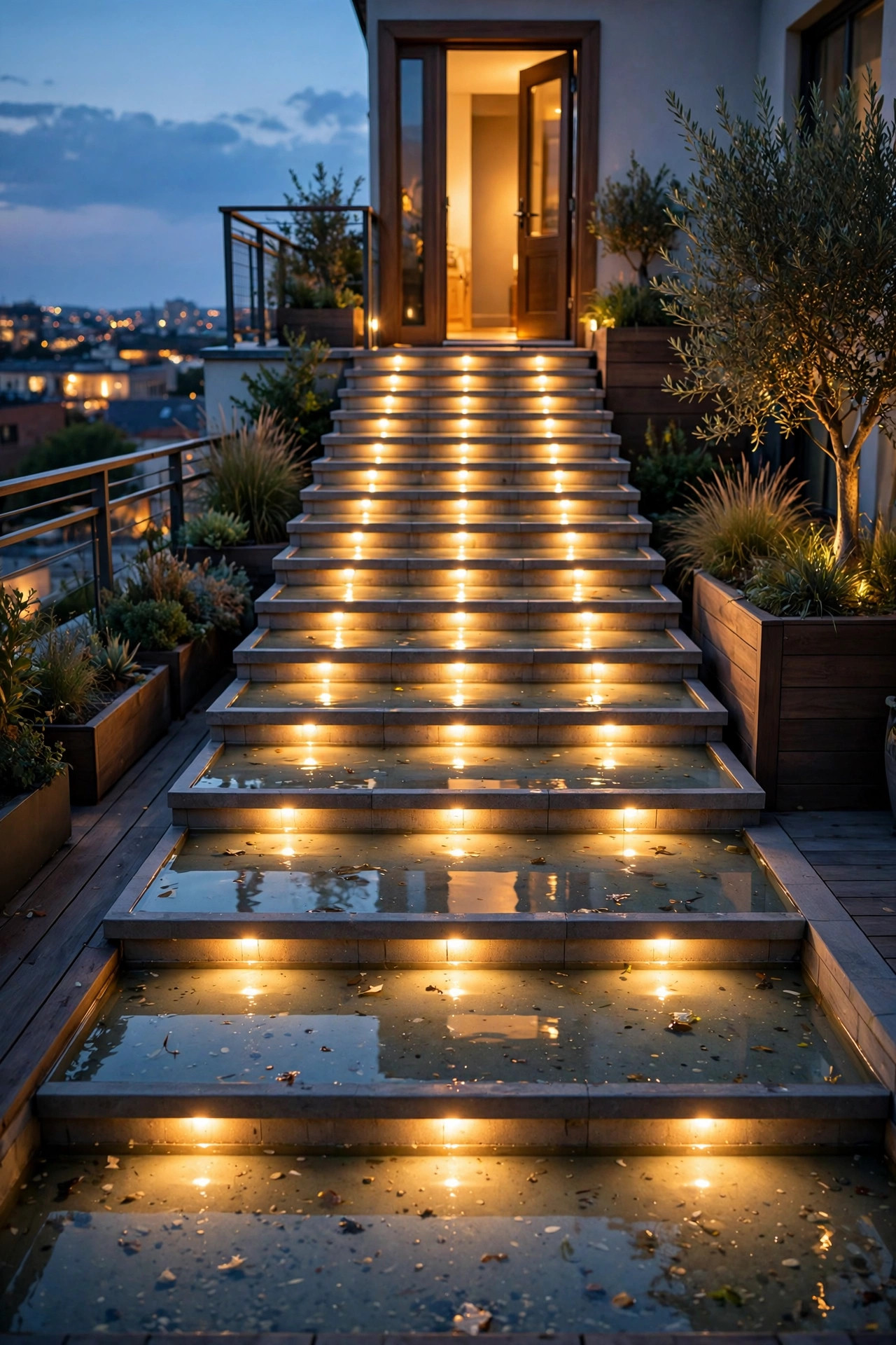 Rooftop deck steps at dusk with small lights glowing on each riser and a lit door threshold, safe warm pools on every tread