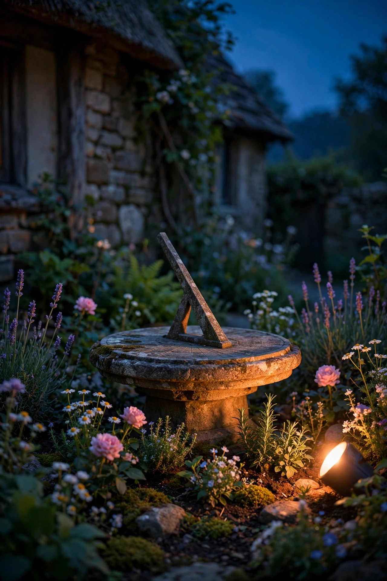 Stone garden sundial softly uplit by one warm spotlight in a cottage flower bed at night