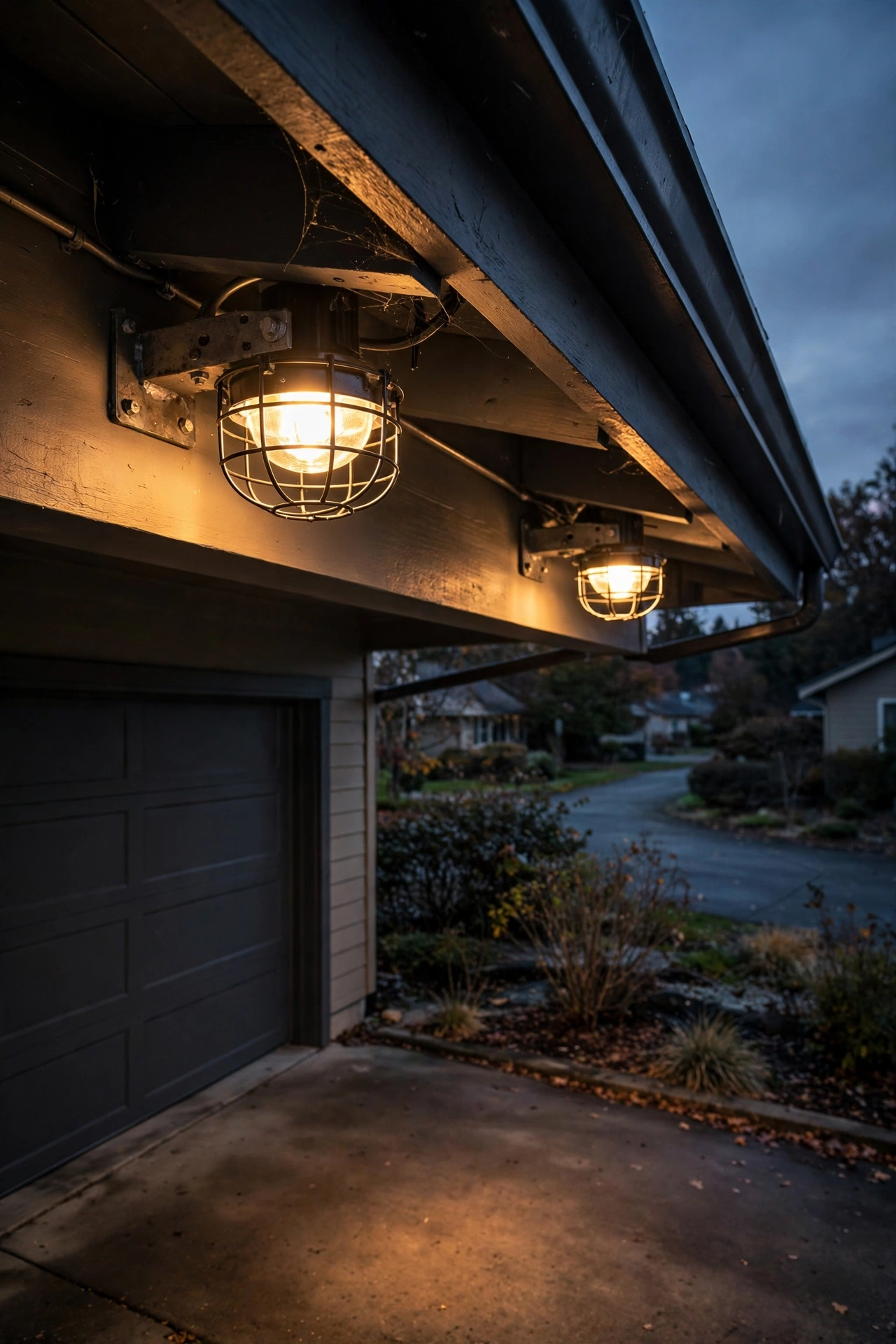 Steel cage flood lights with wire guards mounted under a garage eave illuminating a driveway