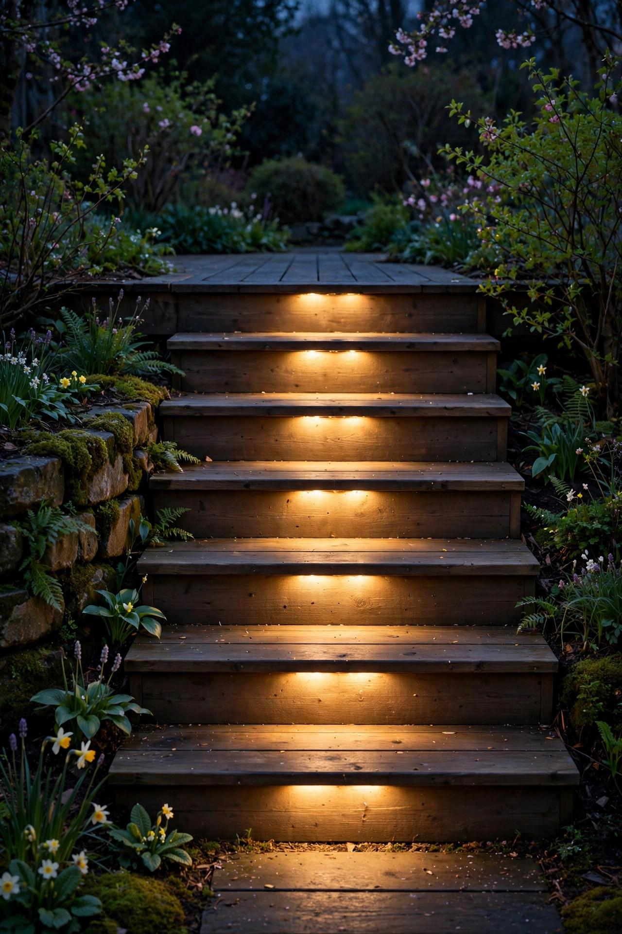 Warm low step lights illuminating each tread of garden deck steps on a dark spring evening