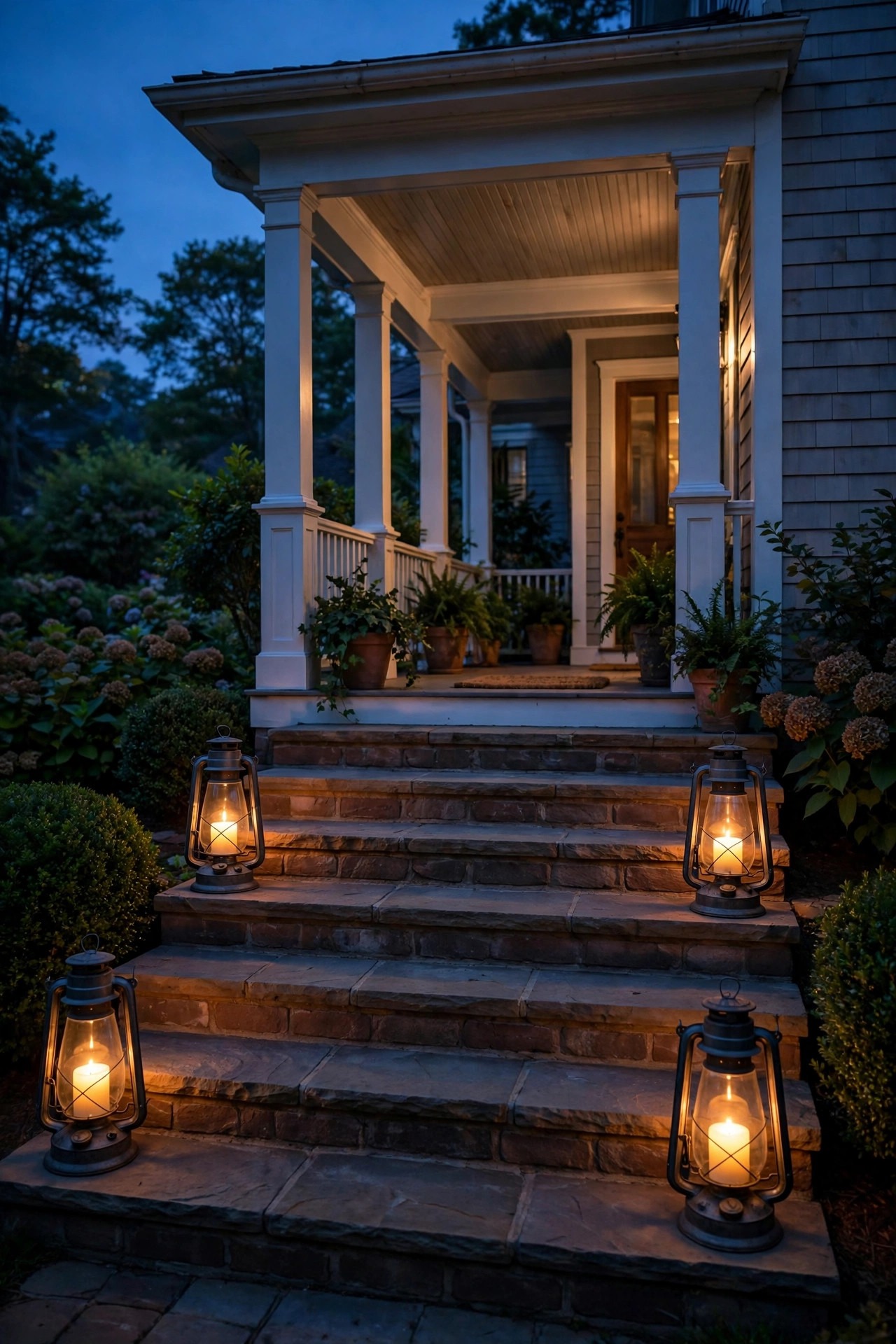 Hurricane lanterns with flameless candles glowing on either side of wide traditional porch steps at dusk