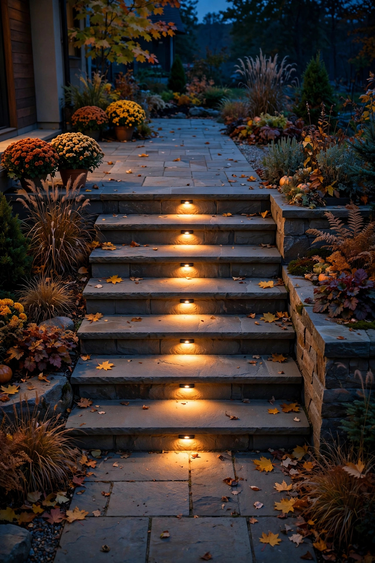 Deck steps at dusk with small recessed step lights washing each tread in warm light, garden path below