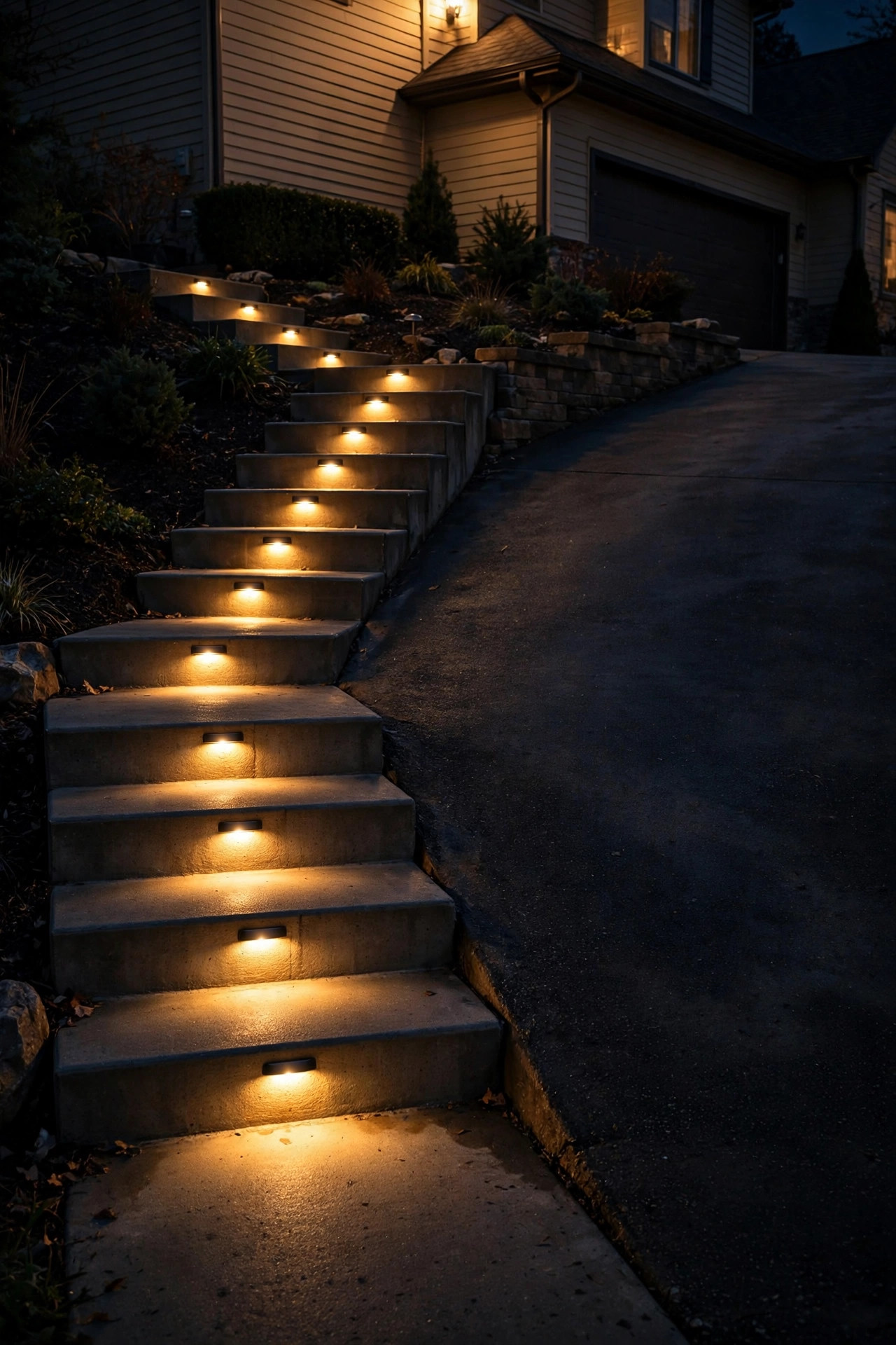Recessed step lights illuminating concrete steps on a sloped driveway at night